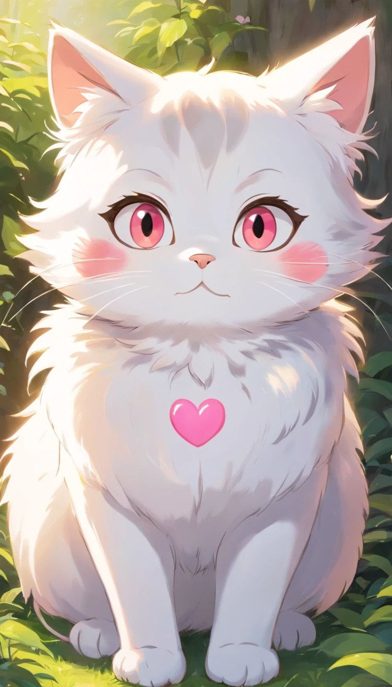 a cute cat、Big eyes,It's a bit of a hang、white colors、Thick fur、background is simple,There is only one color、A pink heart is painted on the cheek、Laughing