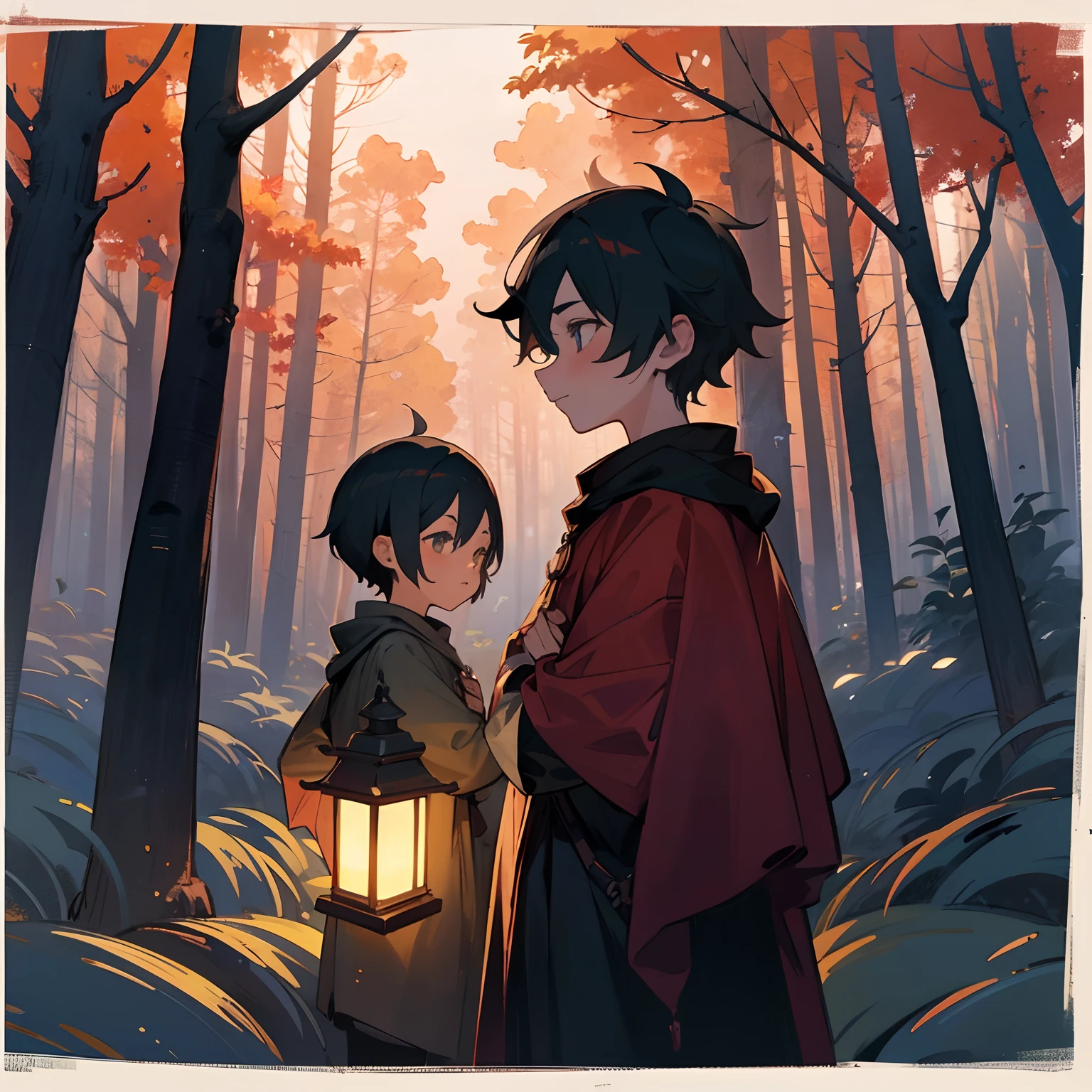 2 boys, facing the camera, lantern,  boy and chival, autumn forest, slight size difference, cute, children, drab colors, travelers, spooky, night time, moominvalley