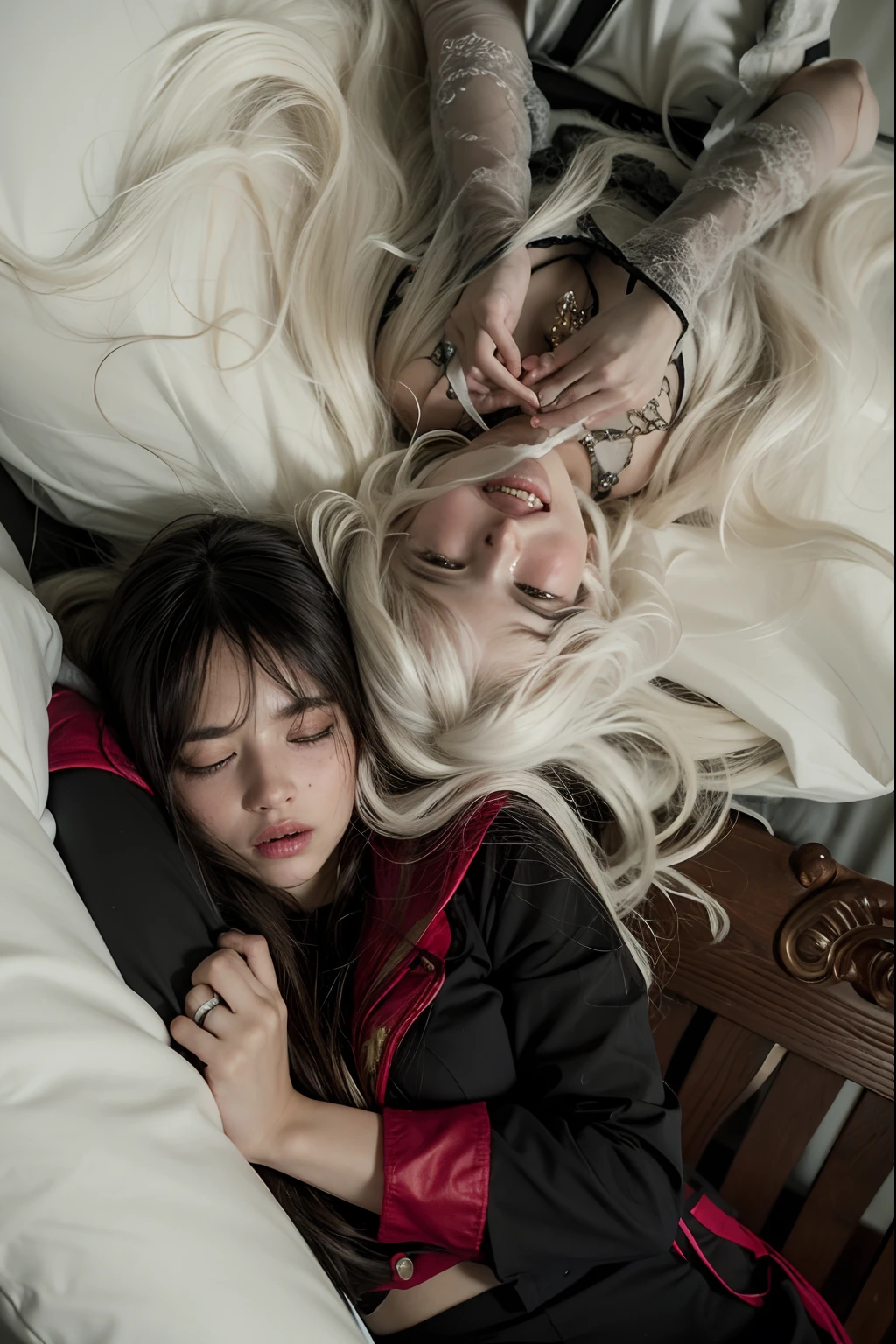 white hair, flowing upward, ghostly, Sleep Paralysis Demon, two girls, one ghost