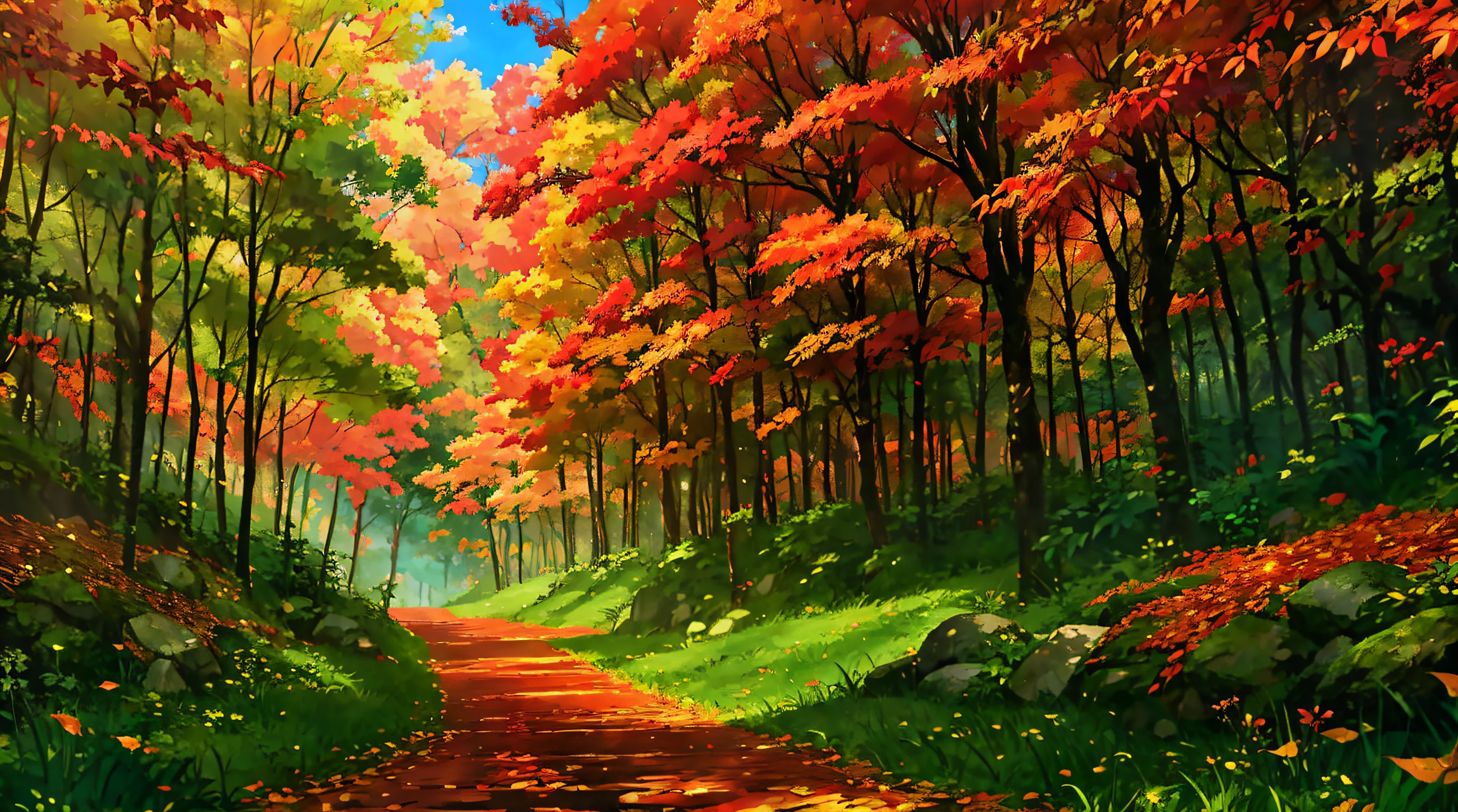 anime - style scene of an enchanting woodland scene with vibrant autumn foliage, dappled sunlight, and a meandering forest path. by makoto shinkai, anime art wallpaper 4k, anime art wallpaper 4 k, anime art wallpaper 8 k, anime wallpaper 4k, anime wallpaper 4 k, 4k anime wallpaper, anime sky, amazing wallpaper, anime background, heaven planet in background, anime background art
