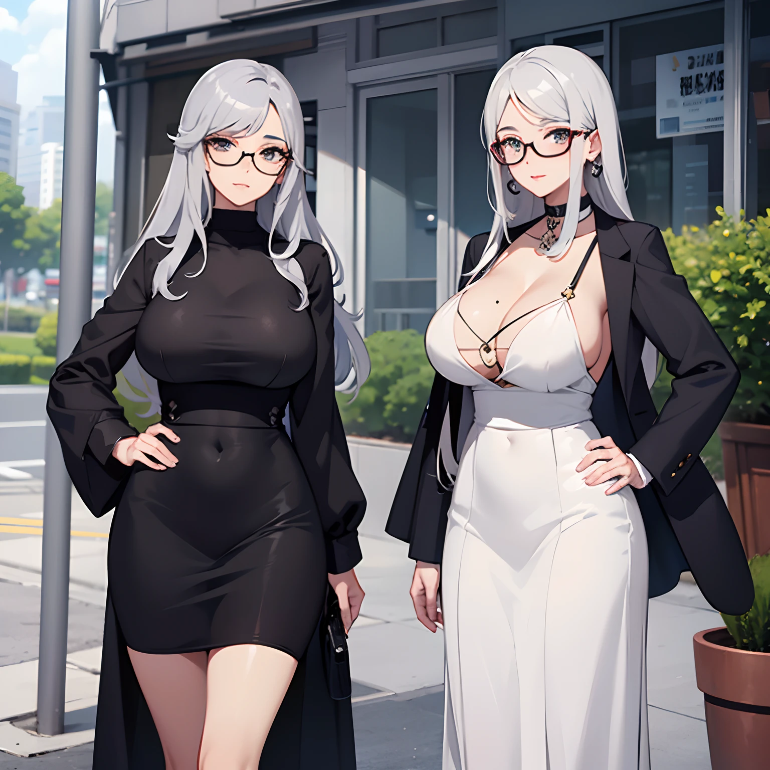 Twin silver haired milf wear glasses, have mole under the lips, with exposed costume in outdoor, anime style