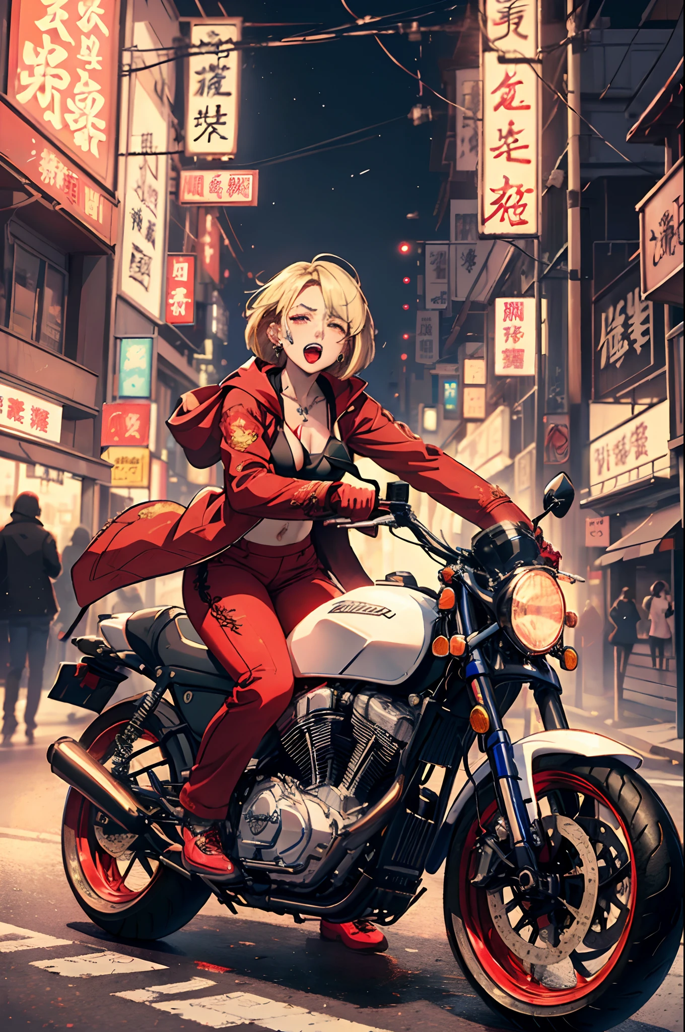 (​master piece:1.4),ultra-quality, Hyper Detailed,Perfect drawing,3D Photography,16K illustrations、(((clearface)))、((Hi-Res))、1 persons、femele、(((Riding a motorcycle)))、(((Wheelie)))、((Lift the front wheel))、((Runs only on the rear wheels))、(((Placing the center of gravity on the rear wheels)))、(((a blond)))、(((a short bob))),The tattoo、(((Whitening skin)))、((Violet lipstick))、(Raised corners of the eyes)、((Outrage:1.1))、((chin raised))、(((opens his eyes wide)))、((despise:1.2)),((glares:1.2))、((Big open mouth:1.2))、(((Shout loud:1.3)))、((Wrinkles between the eyebrows))、(numerous piercings in the ears), BREAK (Red Theme:1.5), ((Red Outerwear, Oversized red pants, Red baggy pants): 1.4), (She wears a long red coat embroidered with a dragon over a black tank top:1.5), ((cleavage, 鎖骨) :1.2), ((Navel, ankle):1.3), (Pump 1.2), (earrings:1.2), (Chinese charactersa, Chinese charactersa:1.2),((Old Style Motorcycle:1.3)),((Cruiser Bike:1.2)),((high speed))、(((nocturnal)))、(Night)、in a street、((neon signs))、Highway、building、((Feeling of sprinting))、(((Dynamic Actions)))、Detailed drawing、((Sense of speed))