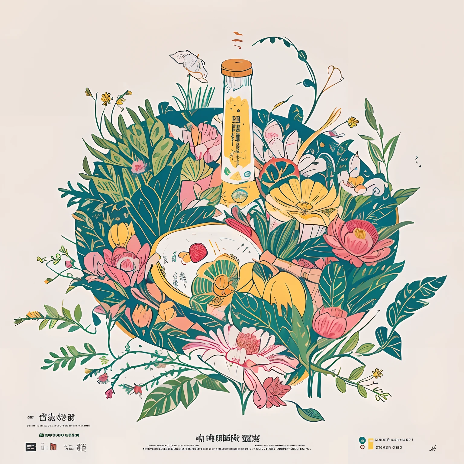Close-up of a bottle of alcohol surrounded by flowers and leaves, inspired by Lubin Baugin, illustrated poster, Art Nouveau Plants bold and intricate ink illustrations, intricate illustration, There is an abundance of honey fruit garnished, Art Nouveau poster,
