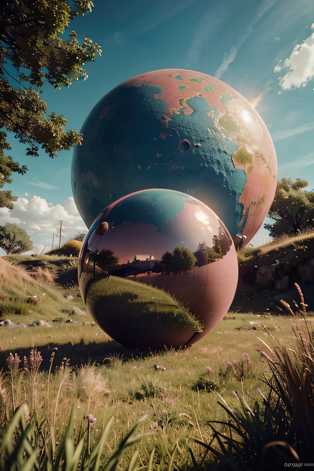 pink sphere with small green grass surrounding its edge, in the style of technicolor dreamscape, cryengine, album covers, dark cyan and orange, fictional landscapes