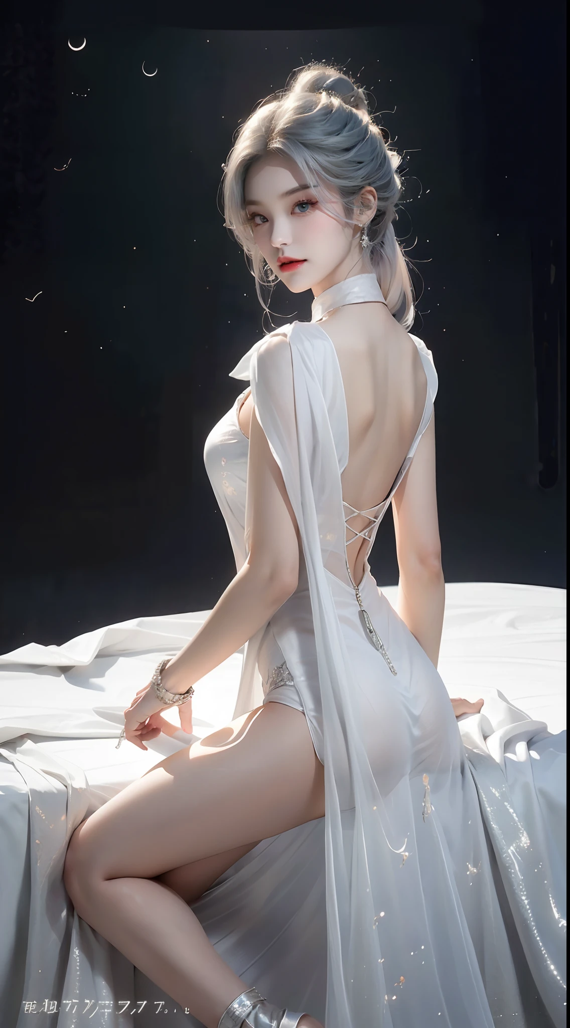 (top-quality、tmasterpiece:1.2),s girl,White color hair、Smooth skin、Beautiful mouth、Smooth legs、Busty body,Long silver transparent dress,No underwear,Moon,onbed,Riding position,Visible on the back,Butt visible,