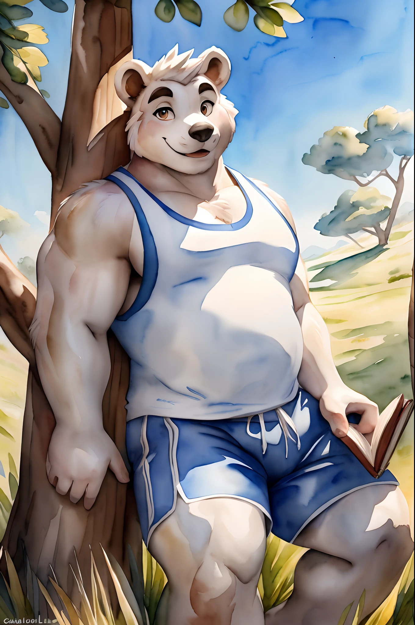 Hominidae, Pose for Camera. 4K, high resolution, Best quality, posted on e621, (Solo:1.2), Anthropomorphic white tiger, male people, 16 yaers old, Thick eyebrows, Light blue stripes, Strong body, large pecs, ((White tank top and shorts)), medium bulge, Pink milk clusters, Leaning under a large tree, Holding a book, grassy fields, Dappled light and shadow, (sport, Muscular, Heavyweight:1.2), ((Sit in the shade)), Solo, Correct anatomy, (White background, Watercolor background:1.1), (by Chunie, author：Taran Fidler:0.8), (Detailed eyes:1.2), Sexy, (cel-shaded:1.2), cartoon shading, (aquarelle:1.2), Smile, Be red in the face, (view the viewer:1.2), Bright eyes, Front view