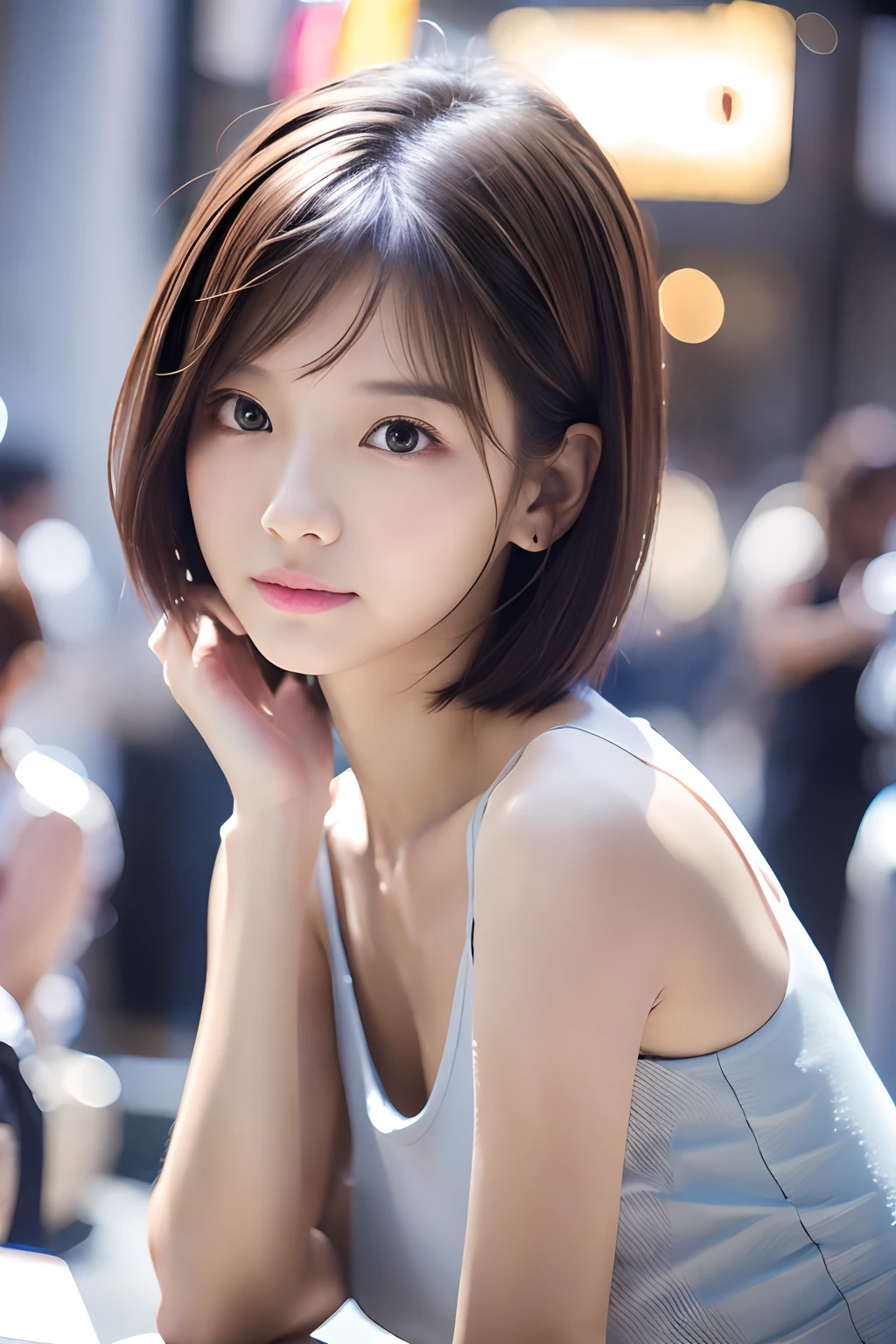 (Best quality, 8K, masutepiece, Ultra HD: 1.3), 1girl in, smallunderboob, Light brown hair, Blunt bangs, hair behind ear, hair over shoulders, Short hair,  Slender body type, ultradetail face, Delicate lips, Beautiful eyes, Double eyelids, lipsticks,Invite your gaze, Ultra-thin pointer, Ultra-thin fingers, Tight dress, beautifullegs ,pump.s Office、Hallyu idol face，The audience is the gaze of the audience，The correct state of the human body