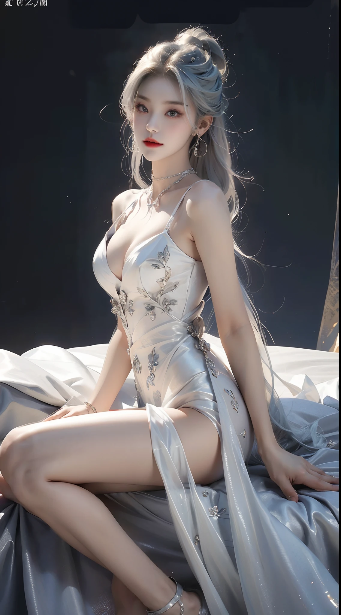 (top-quality、tmasterpiece:1.2)，s girl，White color hair、Smooth skin、Beautiful mouth、Smooth legs、Busty body，Long silver transparent dress，No underwear，Moon，onbed，Riding position，Visible on the back，Butt visible，