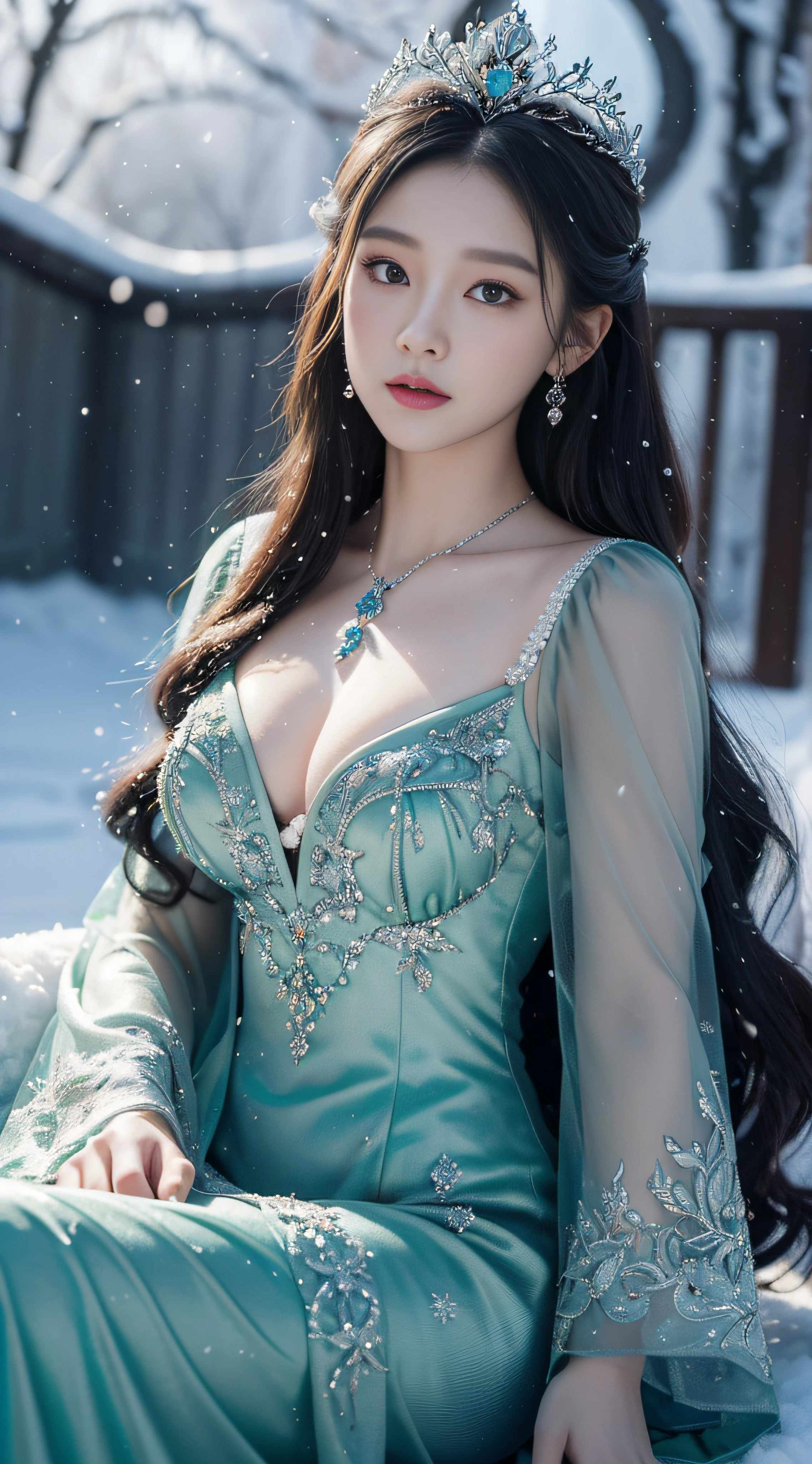 There was a woman in a dark green dress,Wearing a necklace,((a beautiful fantasy empress).inspired by Sim Sa-jeong,Azure.detailed hairs,winter snow falling princess,LCE Princess,Guvez-Steville artwork,8K)),fantasy aesthetic!.Guviz,Ice Queen,8k high-quality detailed art.sitting