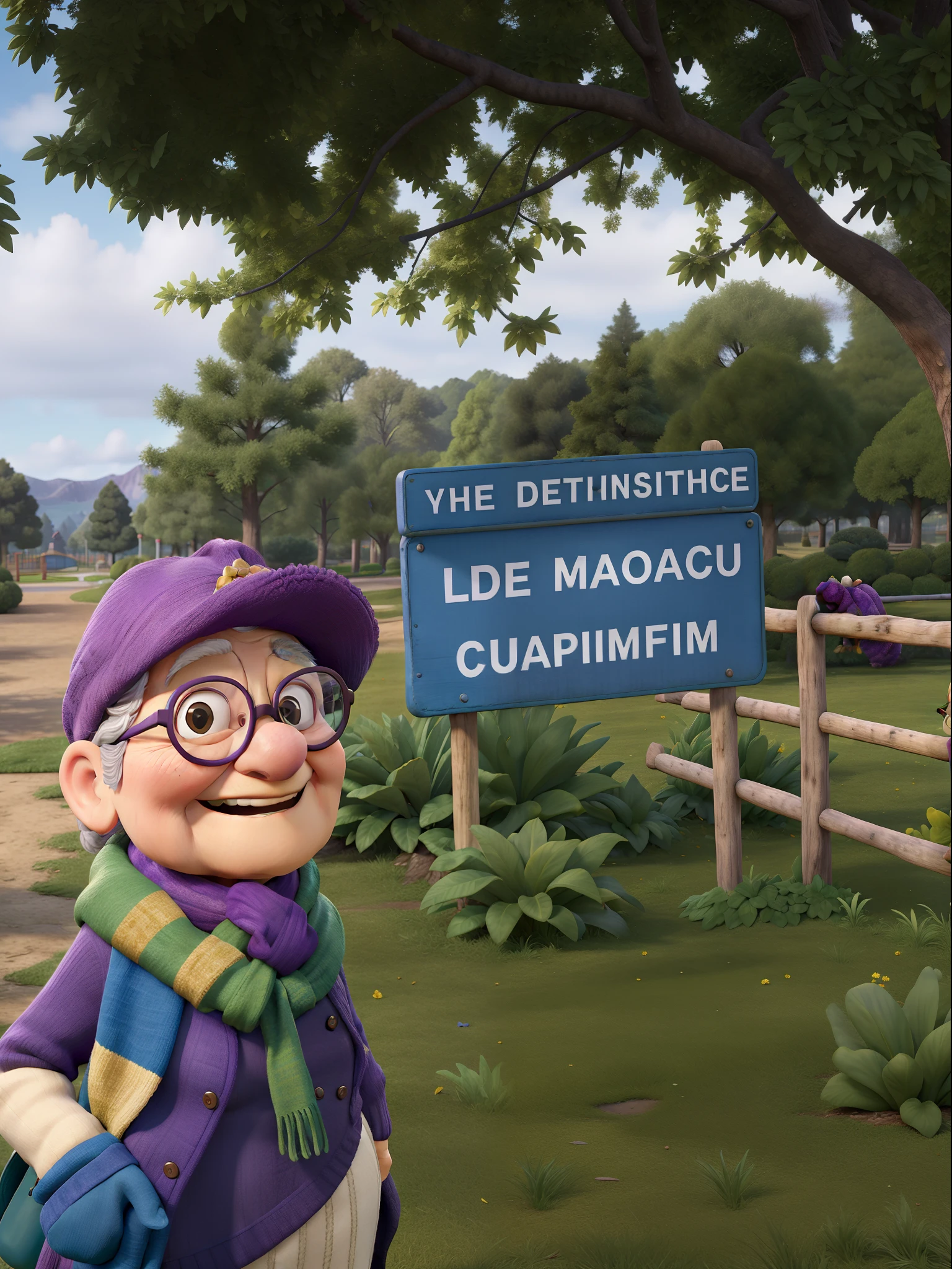 masterpiece, best quality, an old woman with glasses and a scarf on, wearing a purple coat and green scarf, standing at the park