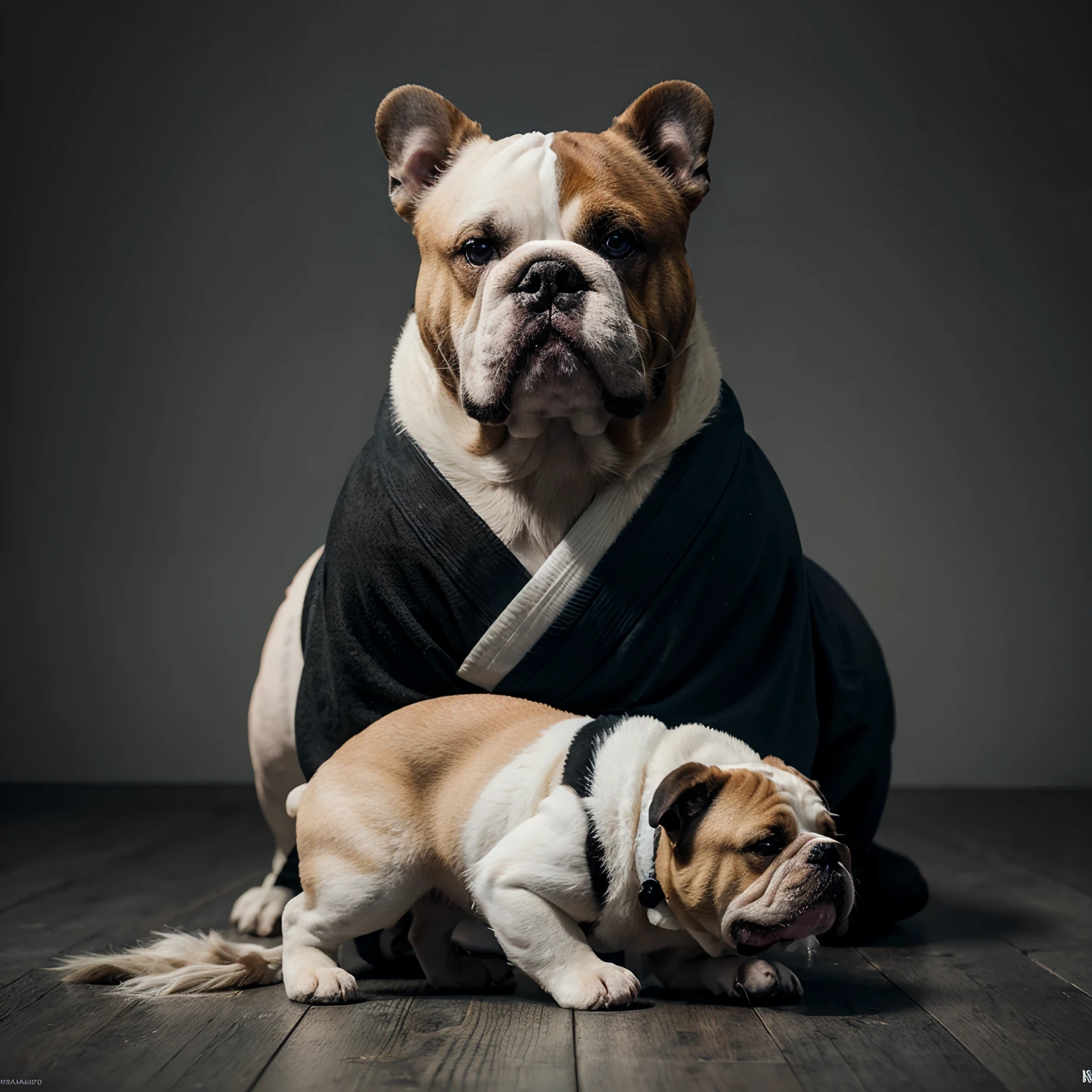 best quality, masterpiece, photorealistic, extremely detailed CG unity 8k wallpaper, Bulldog wearing a judo Black and white kimono