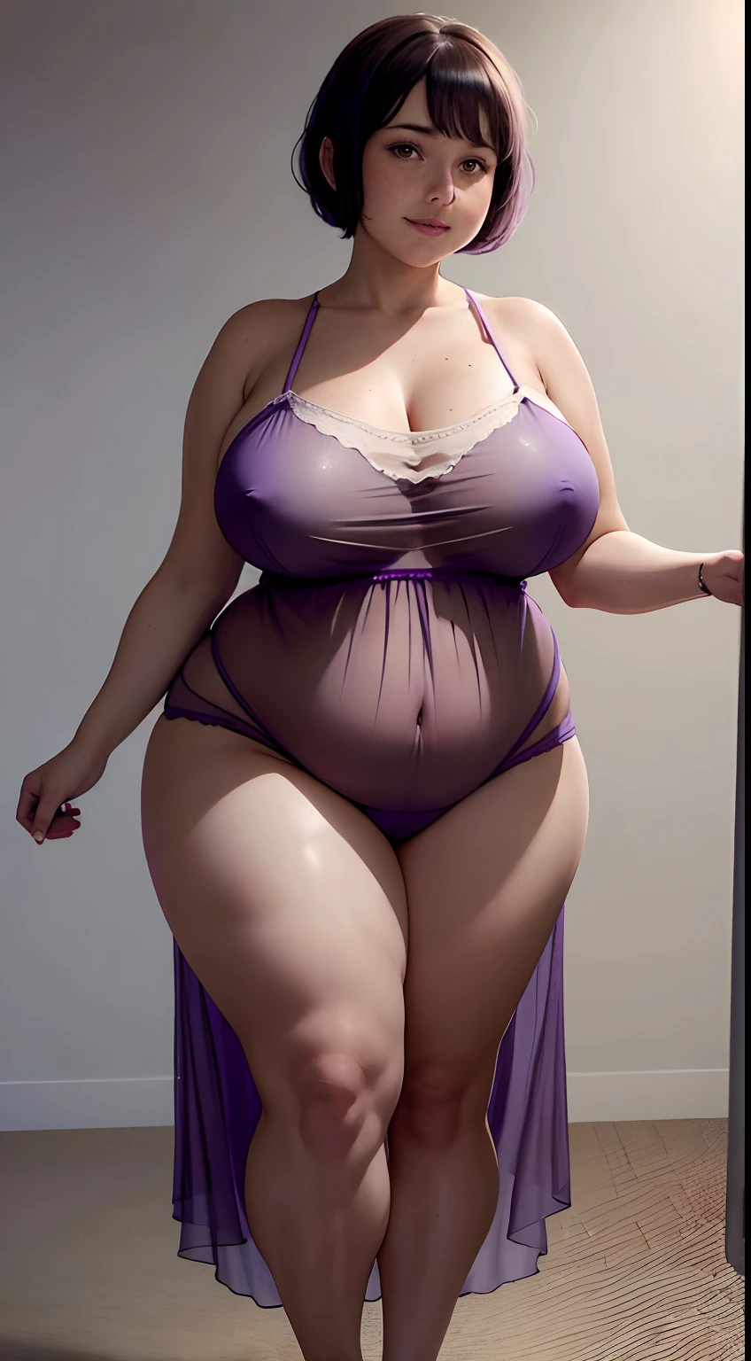 Nightgown, see-through clothes, bbw, chubby, milf, mommy, mature, naked, nsfw, massive breasts, low hanging breasts, looking down at viewer, tall woman, very short hair, black hair, freckles, purple eyes, anime, solo girl, pixie cut, smile, squatting