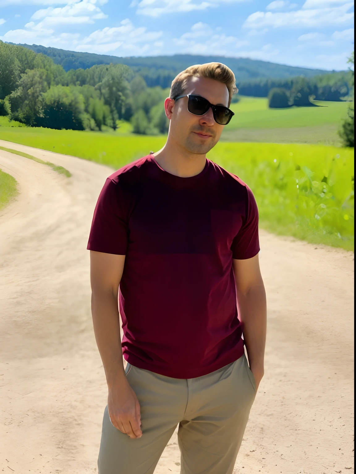 arafed man in sunglasses standing on a dirt road in a field, in front of a forest background, in the sun, in sunny weather, andreas m wiese, maroon red, on a sunny day, sunny weather, with a park in the background, profile picture 1024px, inspired by Alexander Kanoldt, red t-shirt