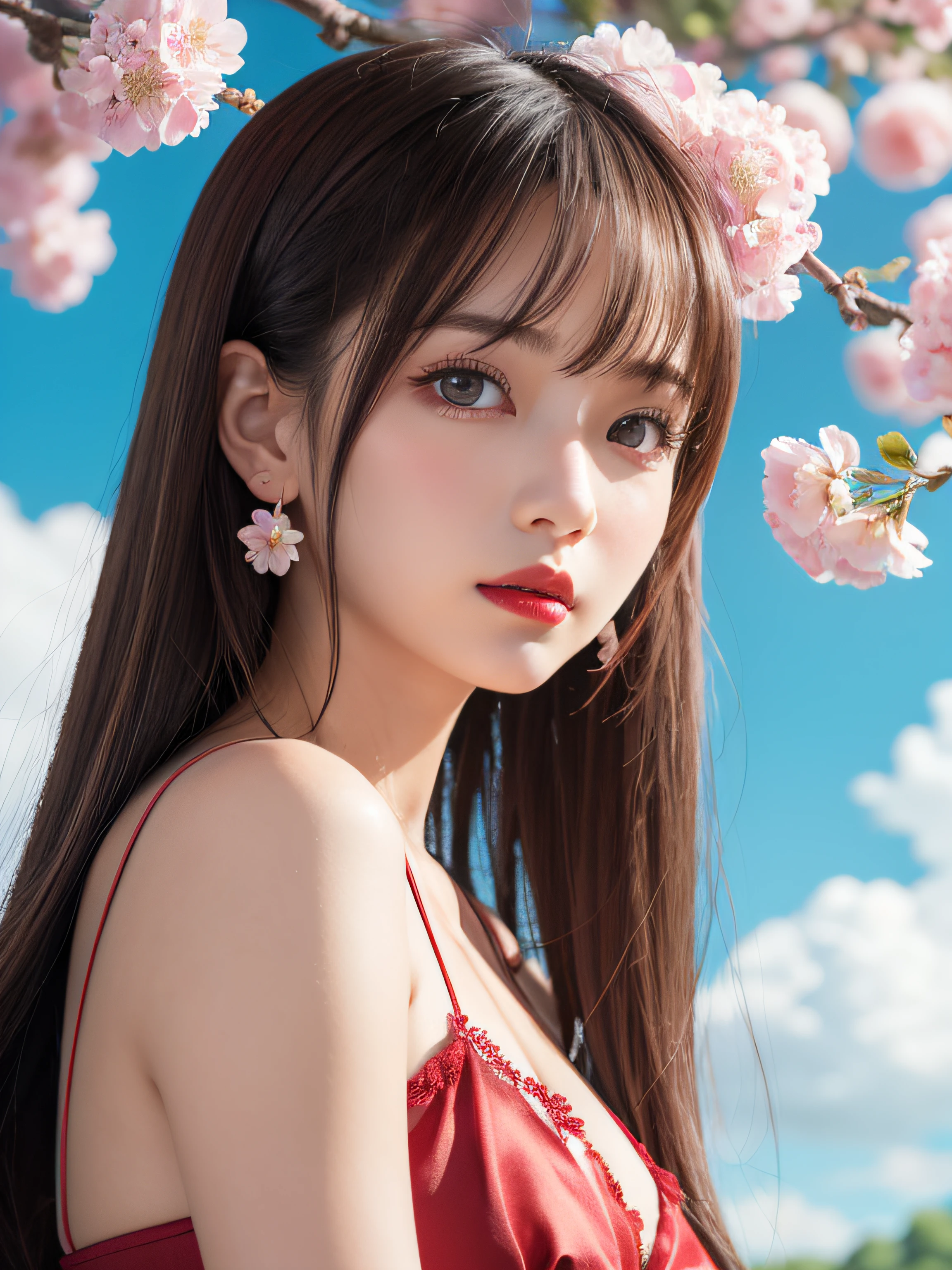 (masutepiece),(Best Quality:1.0), (超A high resolution:1.0), detailed illustration, 8K, Anime, 1girl in, 、beautiful countenance、Wearing a silk camisole, pretty pose, Pretty Face, Detailed face, Beautiful eyes, dark blue eyes, Detailed eyes, Red lips, Red Lipstick, Slightly brown hair, Pink flowers on the ears, highlights in hair, Standing, Red flowers on the tree in the back, Open a sky with clouds, Detailed, Convoluted, Anime style, Highly detailed