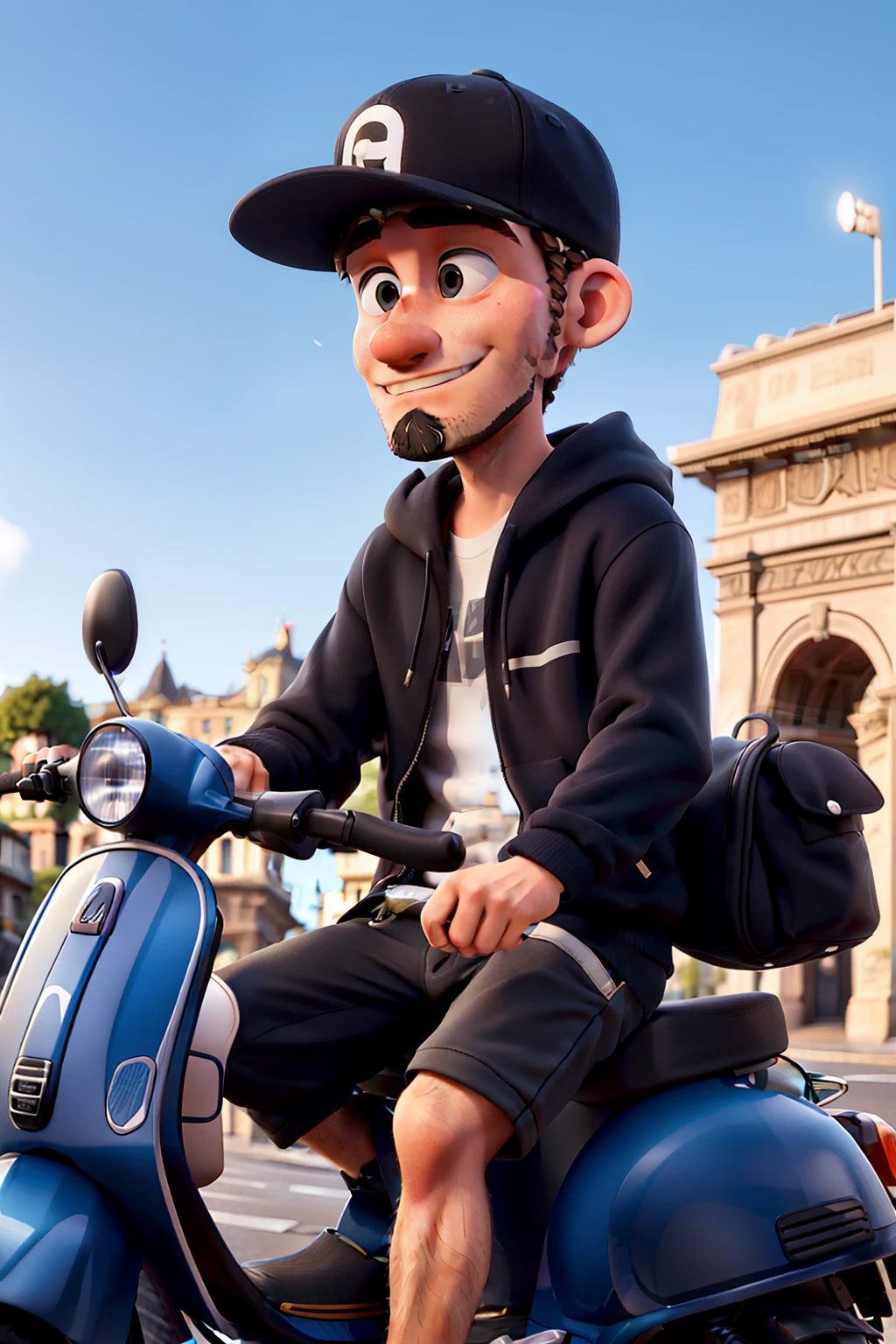 20 year old man sitting on a vespa, Arc de Triomphe, black hoodie, snapback backwards black, outdoor shorts, 3d animation, beard, vespa white, bearded face, snapback black, vespa, picture from the side