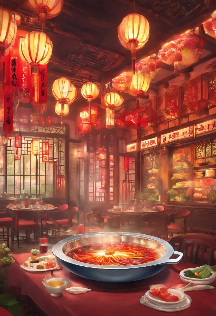 (Hot pot restaurant logo),Traditional Chinese performing arts,watercolor paiting,illustration,Stylish design,Traditional calligraphy,Subtle colors,softlighting,Precise brushstrokes,Detailed hot pot,Piping hot,Exquisite wine,Attractive presentations,Bright green,Authentic national style,Hand drawn elements,Artistic composition