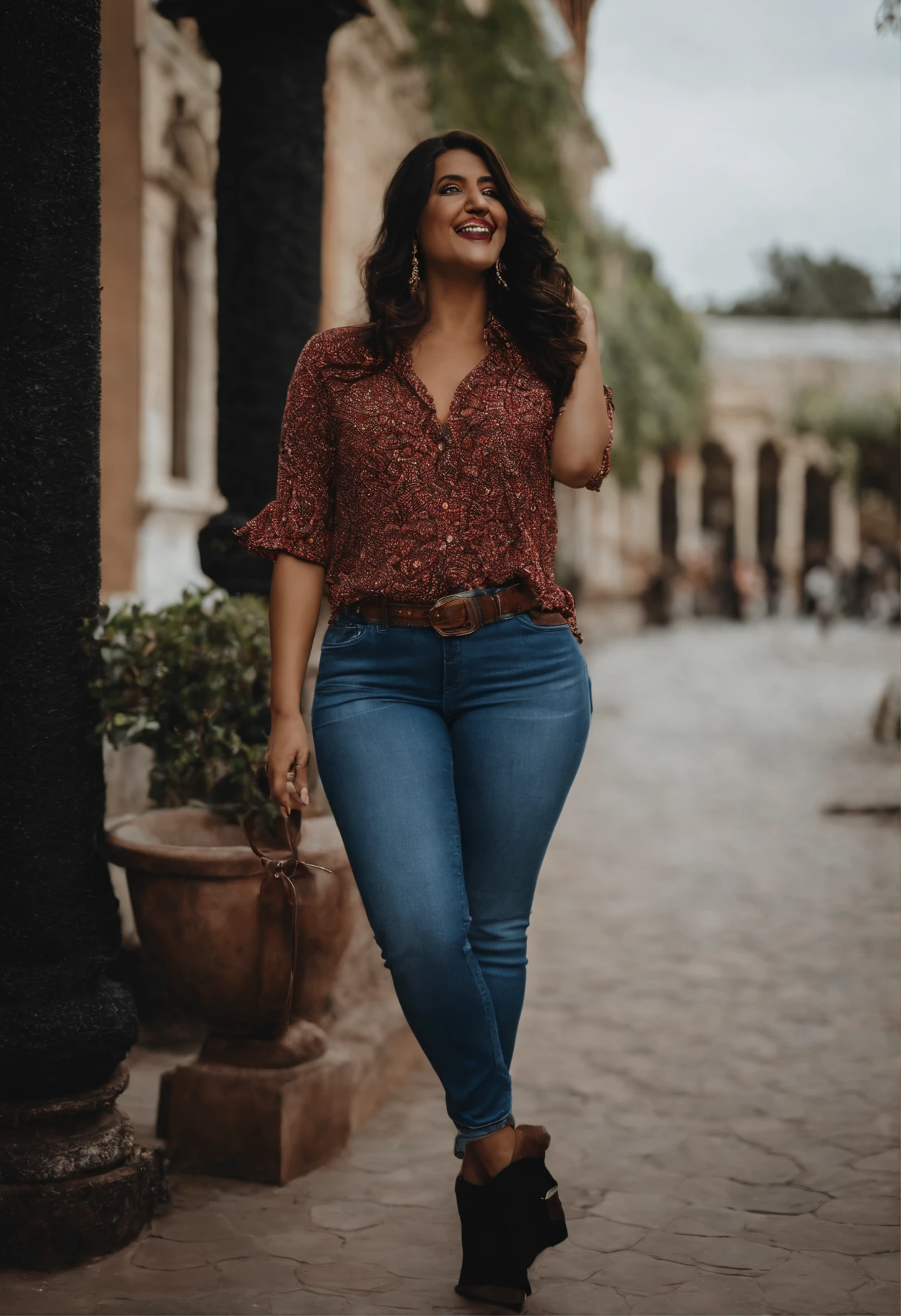 Camisa preta, Denim Jeans Pants, sorrindo, teatro,