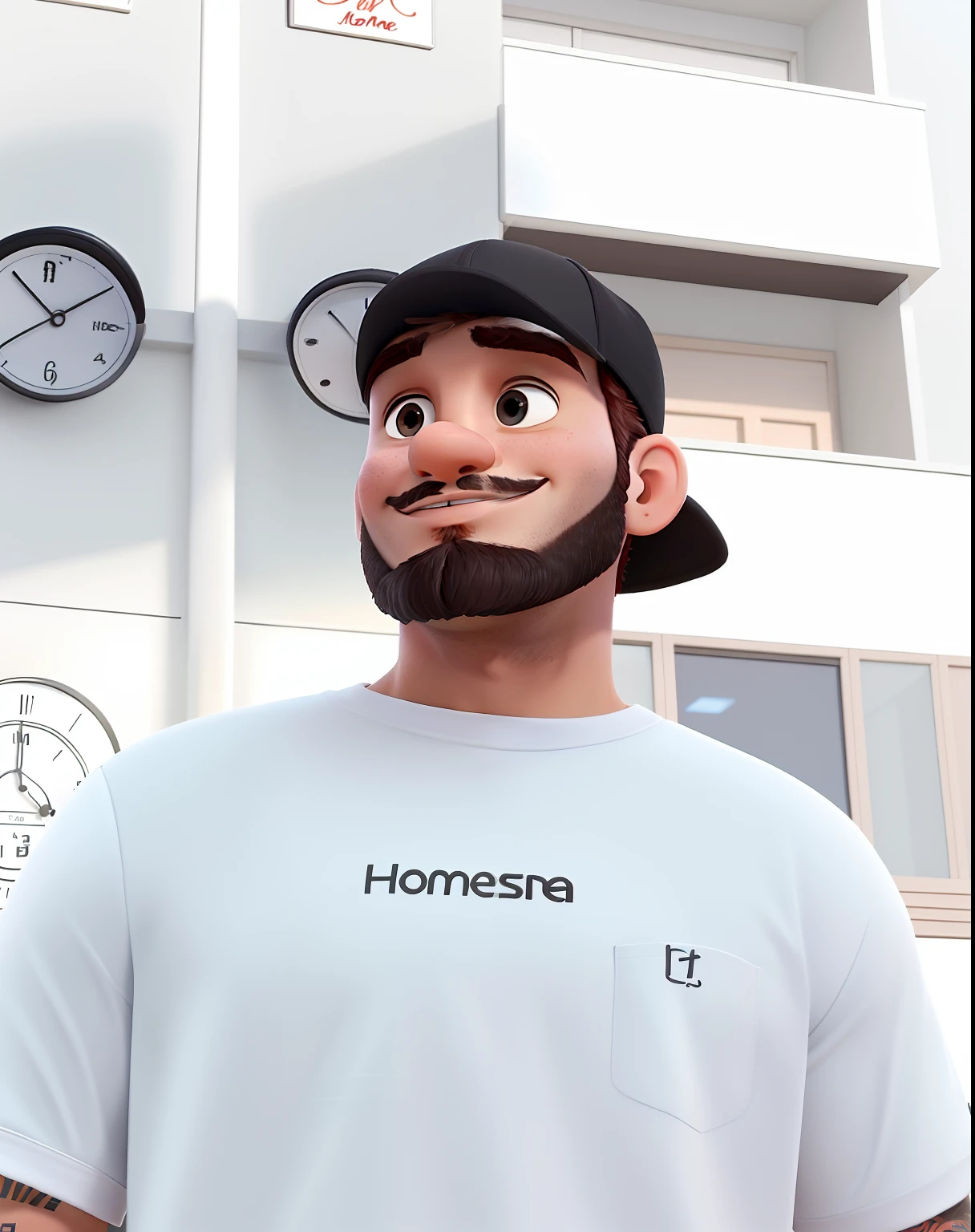 Homem moreno, jovem de 24 anos, com barba curta, wearing a black rear-facing cap, desenho estilo pixar