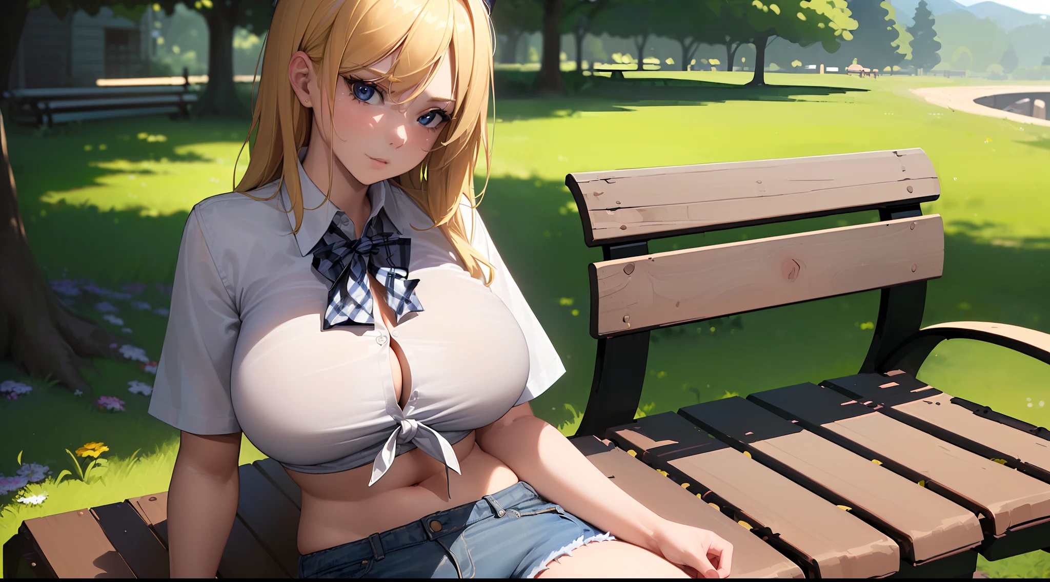 (masterpiece, highest quality:1.2), extremely detailed, dramatic lighting, 4K, Blonde Girl, Facing Viewer, Tied Checkered Polo Shirt, Crop Top, Big Tits, Large Ass, Shorts, Sitting on a bench, Nature, Park Background, (Solo:1), add_detail:1.5