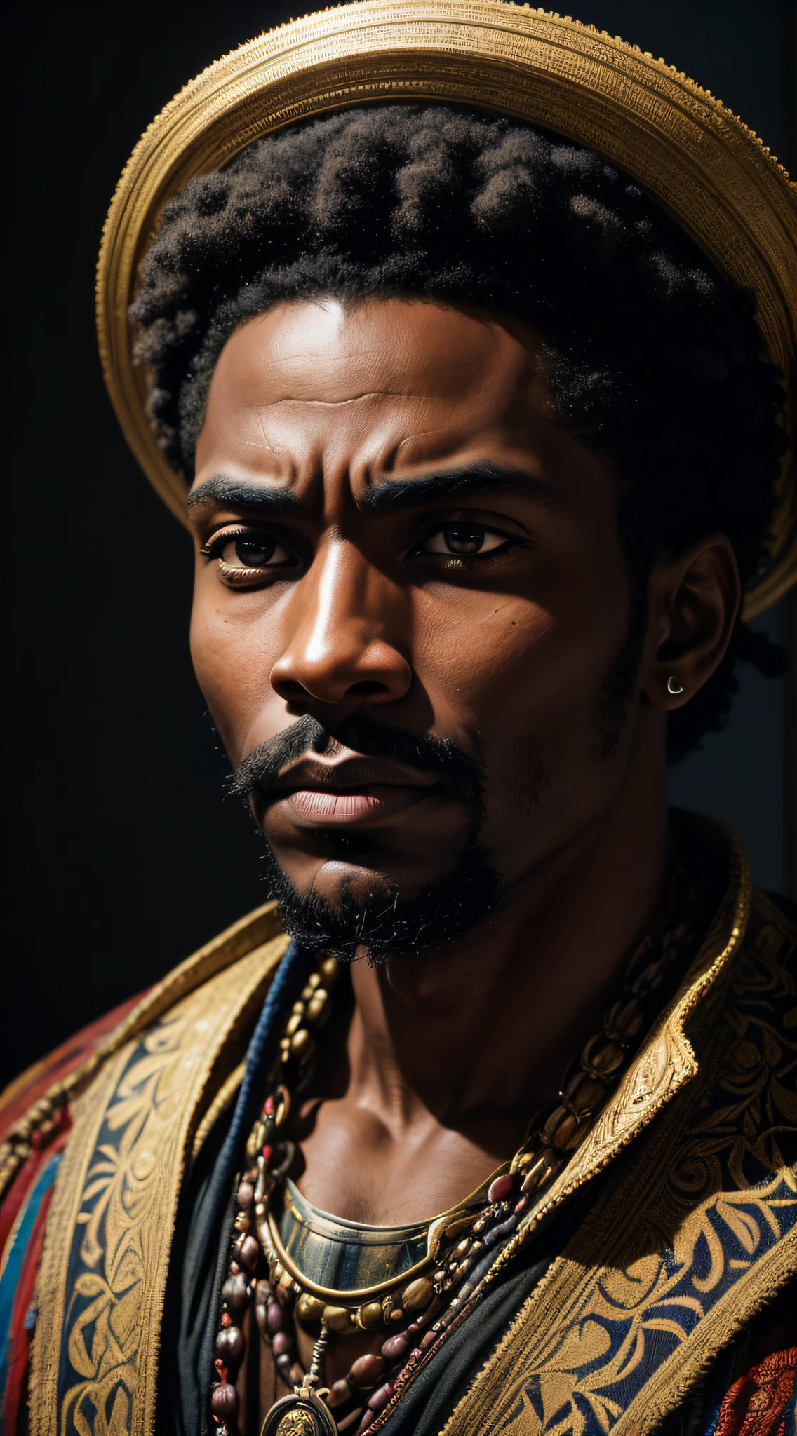 (a powerful portrait of a black man in 1900, [intense, piercing] eyes, struggles and triumphs of his people, [strong, determined, resilient:1.1], 1900s,[exquisite, hyper-realistic, highly-detailed] portrait,) vibrant colors, (oil painting, detailed brushstrokes, masterful technique), [best quality, 4k, highres:1.2], historical, (studio lighting, vivid colors, rich contrast), dramatic composition, [authentic, true to life:1.1], [soulful, captivating, powerful] expression