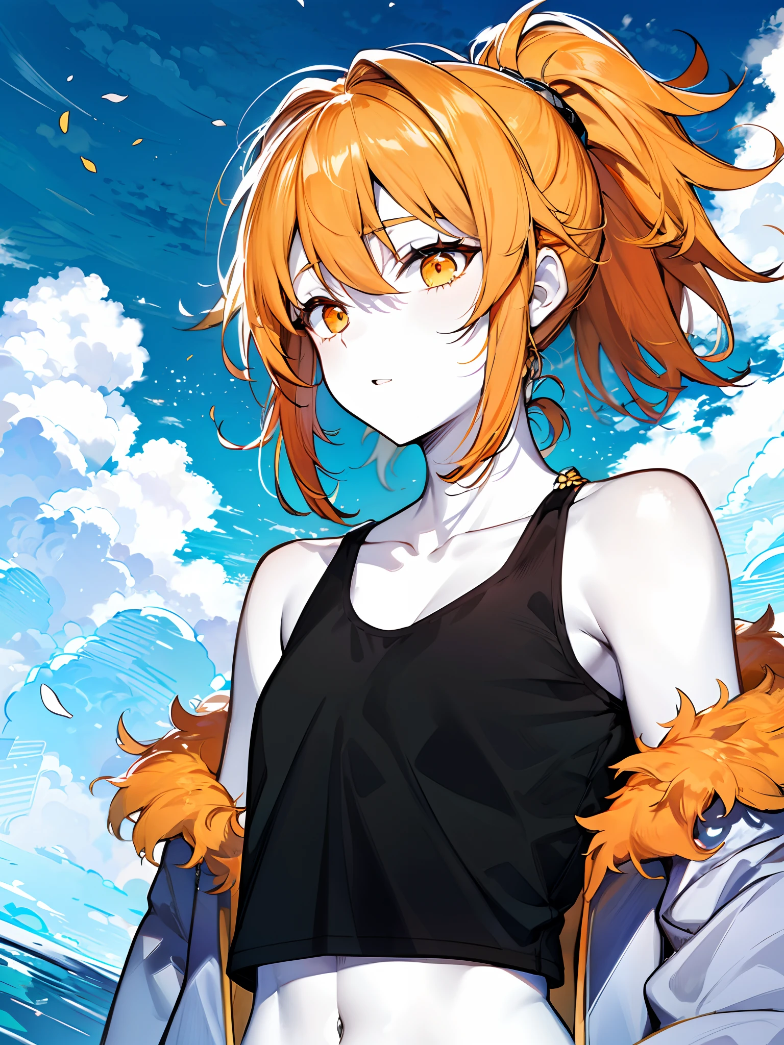 (masterpiece:1.2), (pale skin:1.2), (solo:1.2), (female:1.1), (emphasis lines:1.3), (bracelets:1.1), orange hair, ponytail, collarbone, (midriff:1.1), fur jacket, sky, (outdoors:1.1), cloud, bare shoulders