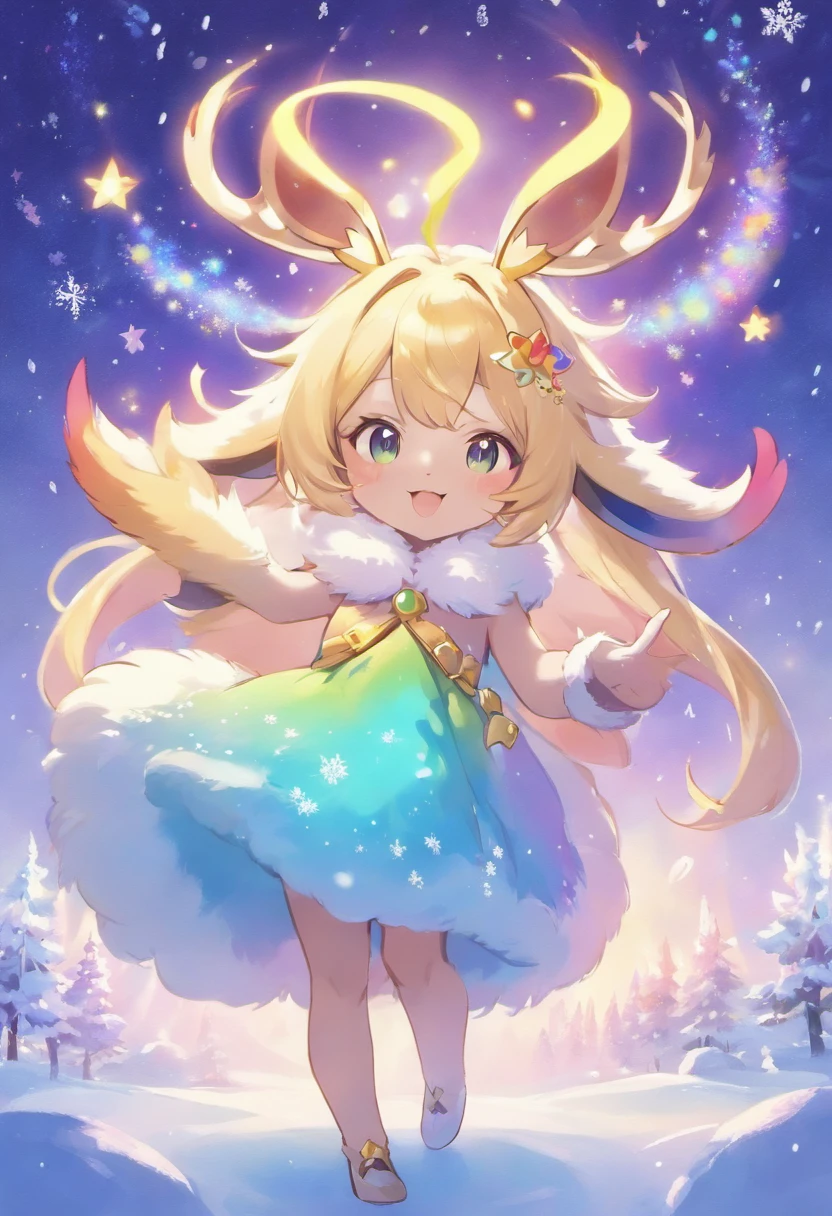 edgBunny,soft and muted colors,Whimsical fantasy creatures,realistic fur texture,Glittering rainbow-colored fur,Golden antlers,Sparkling eyes,mischievous grin,Charming background with twinkling stars,Ethereal lighting,Creature tags of the night,Illustration of artistic details,high resolution,scenic landscape,mind-blowing views,vibrant hues,Fantasy art style，light snowing、Ice World、pines、snowfield、Small animals、Warm cottage、Red lantern、small stream、Bright full moon、cold shades、chilly、big breasts beautiful、Life、Winter attraction