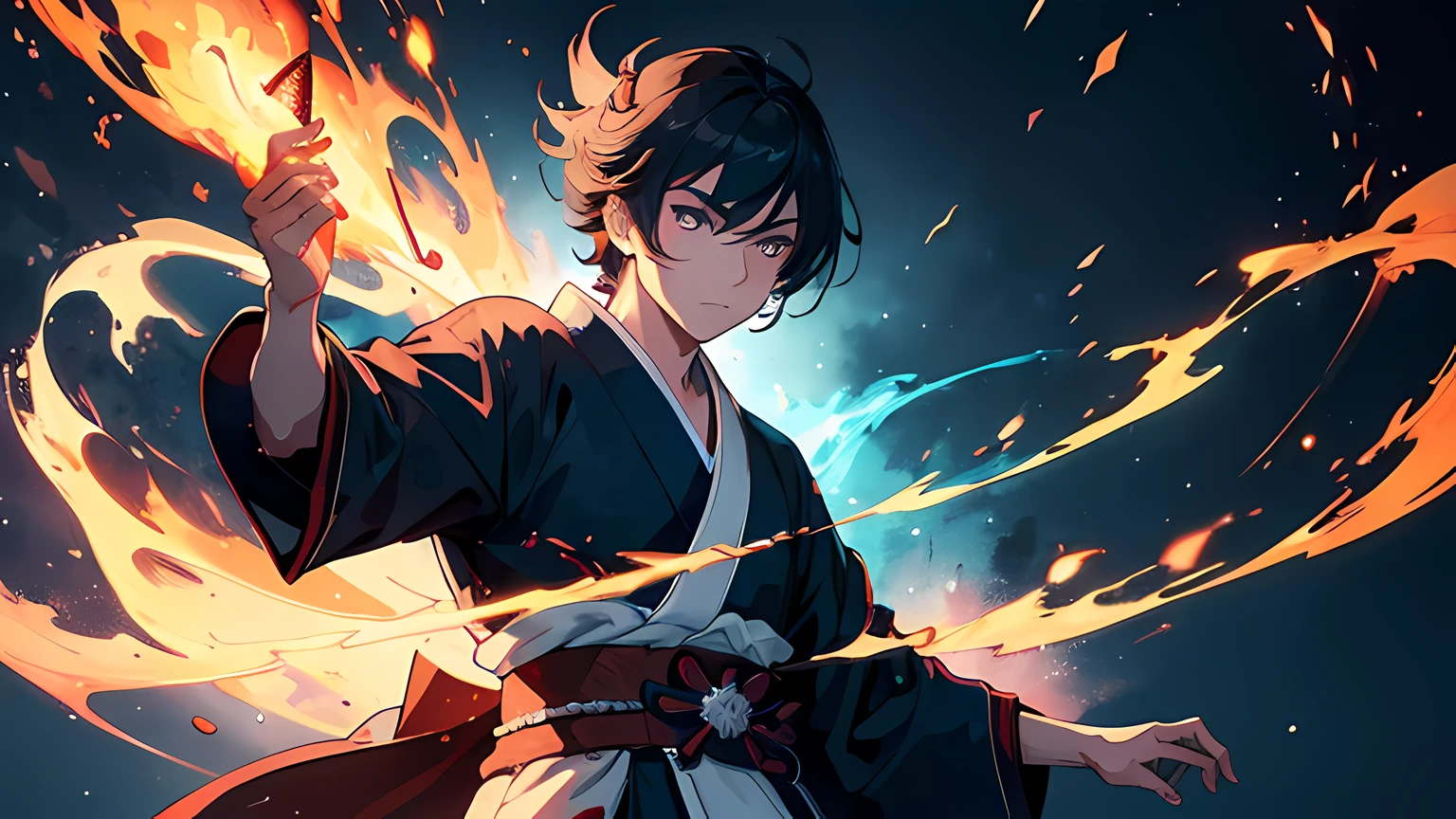 a young male samurai. he is a righteous samurai who fight evil. he wear white kimono. he hold a sword with flames coming out from his sword. The background is a swirling blue flame in Katsushika Hokusai style. Has a demonic red aura on his body. Masterpiece, high-resolution, detailed eyes, blue eye color. Ray tracing, dynamic lighting.