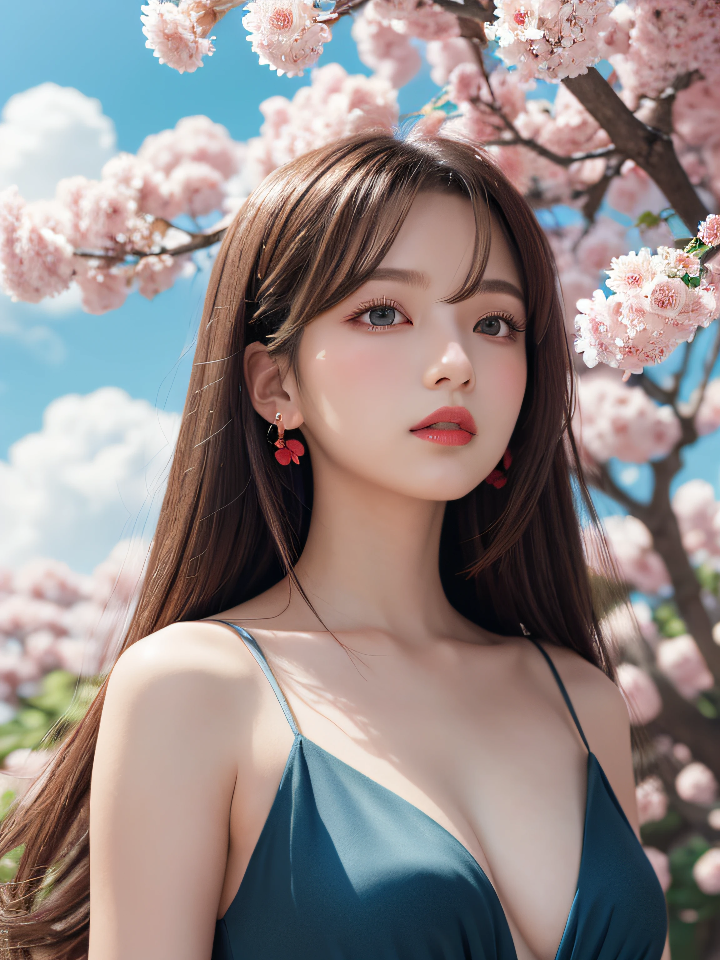 (masutepiece),(Best Quality:1.0), (超A high resolution:1.0), detailed illustration, 8K, Anime, 1girl in, sixteen years old、beautiful countenance、Wearing a silk camisole, pretty pose, Pretty Face, Detailed face, Beautiful eyes, dark blue eyes, Detailed eyes, Red lips, Red Lipstick, Slightly brown hair, Pink flowers on the ears, highlights in hair, Standing, Red flowers on the tree in the back, Open a sky with clouds, Detailed, Convoluted, Anime style, Highly detailed