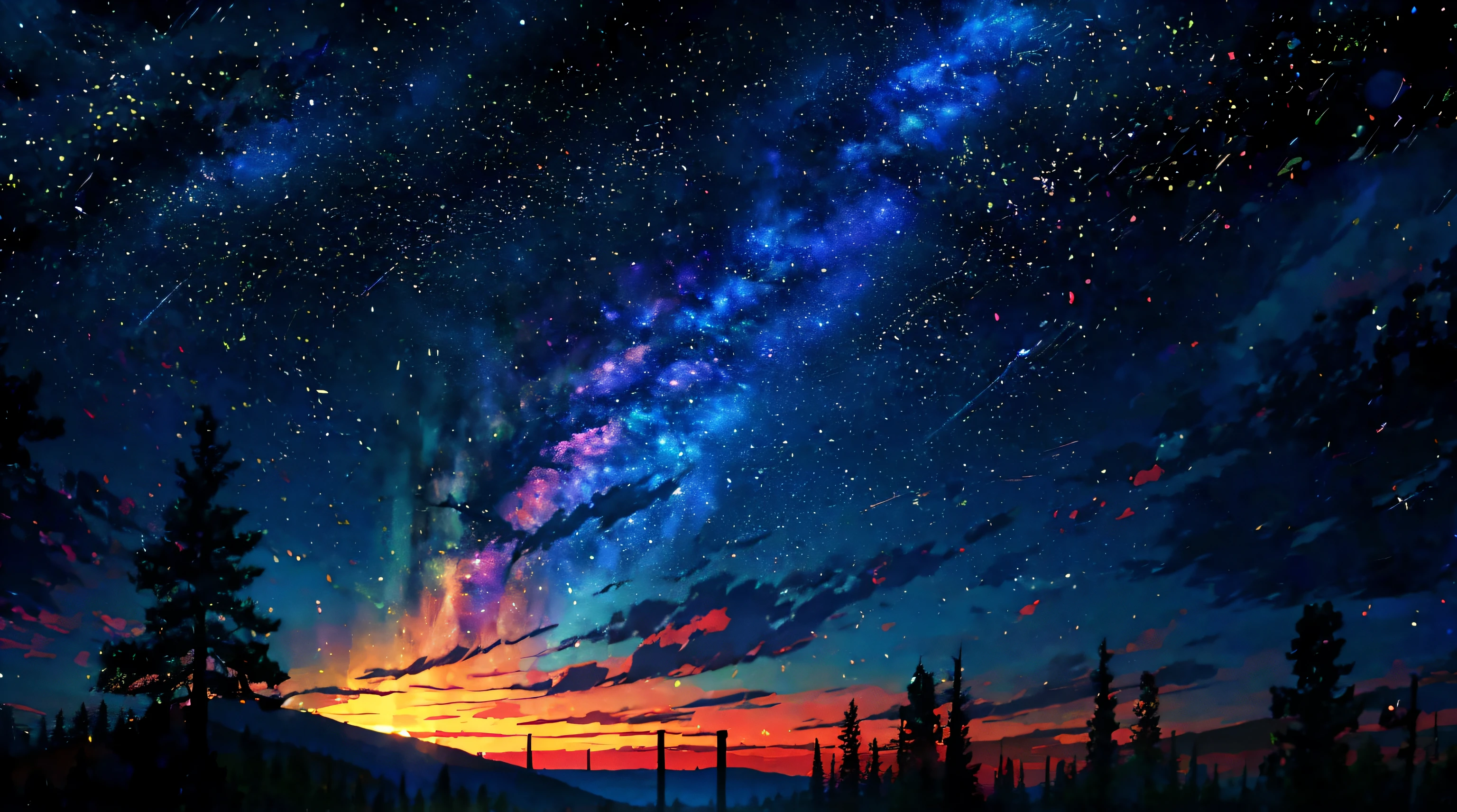 anime - style scene of a clear, starry night in a remote wilderness area, with a campfire casting a warm glow and the Milky Way stretching overhead. by makoto shinkai, anime art wallpaper 4k, anime art wallpaper 4 k, anime art wallpaper 8 k, anime wallpaper 4k, anime wallpaper 4 k, 4k anime wallpaper, anime sky, amazing wallpaper, anime background, heaven planet in background, anime background ar