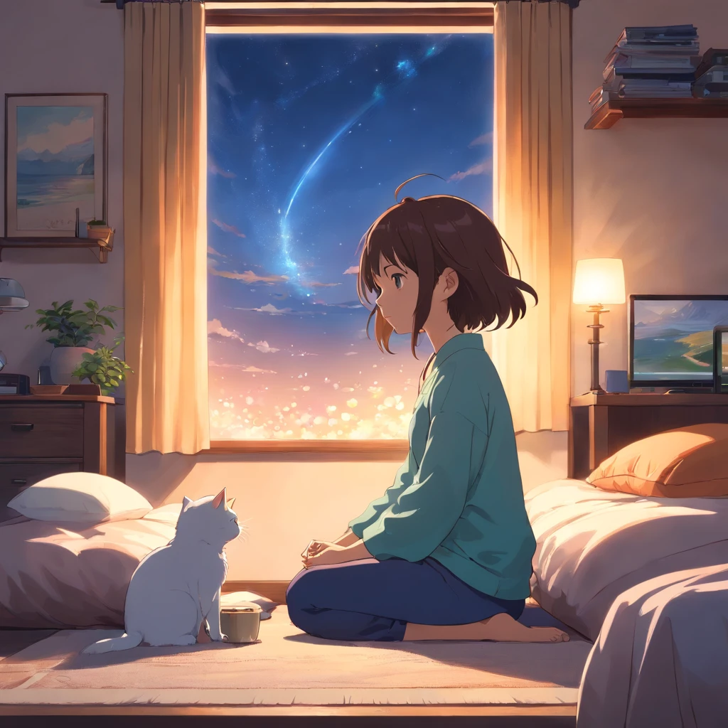 obra-prima, melhor qualidade, filme ainda, 1girl, Uma  meditando em seu quarto em cima da cama ao lado de seu gato