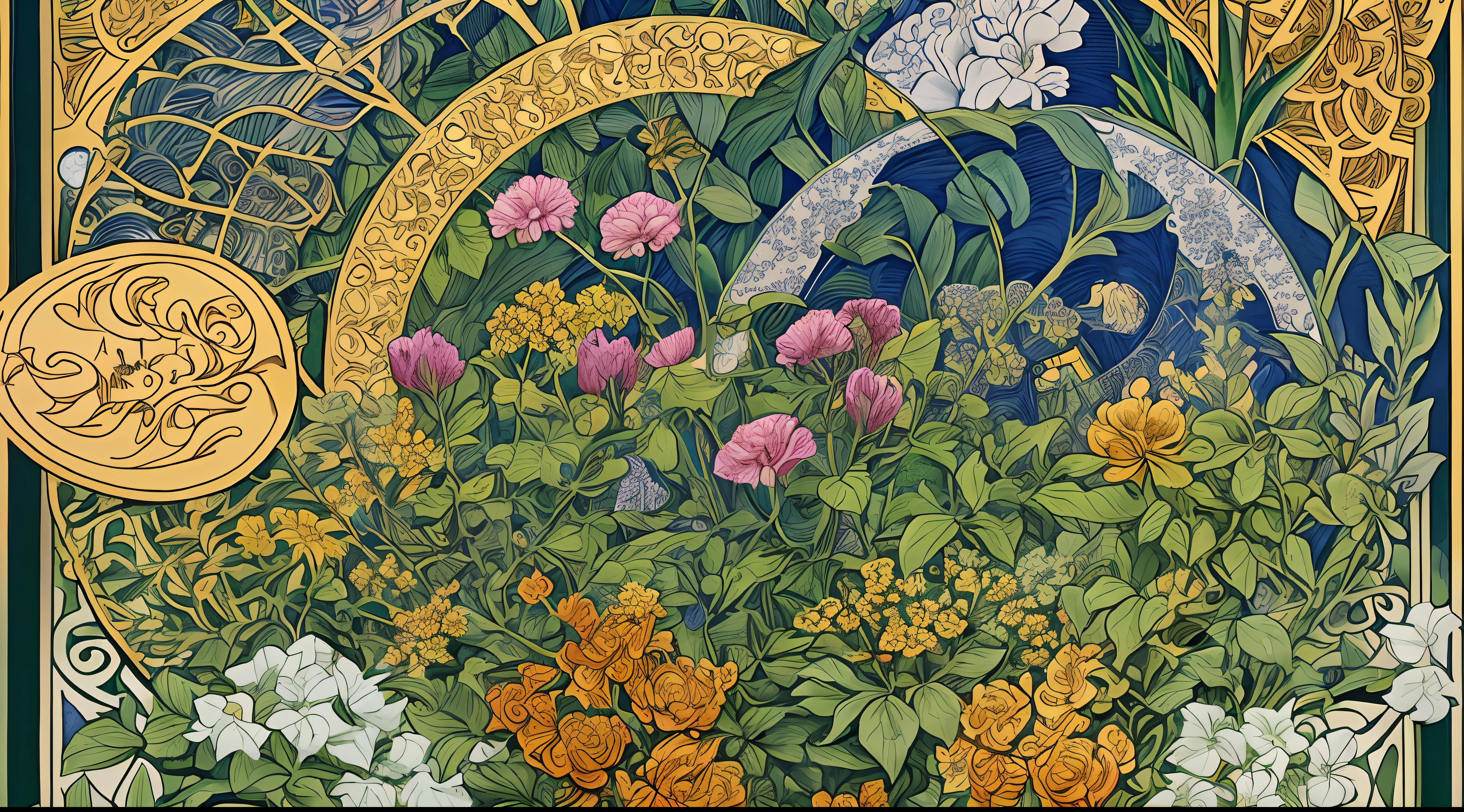 Close-up of a bottle of alcohol surrounded by flowers and leaves, inspired by Lubin Baugin, illustrated poster, Art Nouveau Plants bold and intricate ink illustrations, intricate illustration, There is an abundance of honey fruit garnished, Art Nouveau poster,