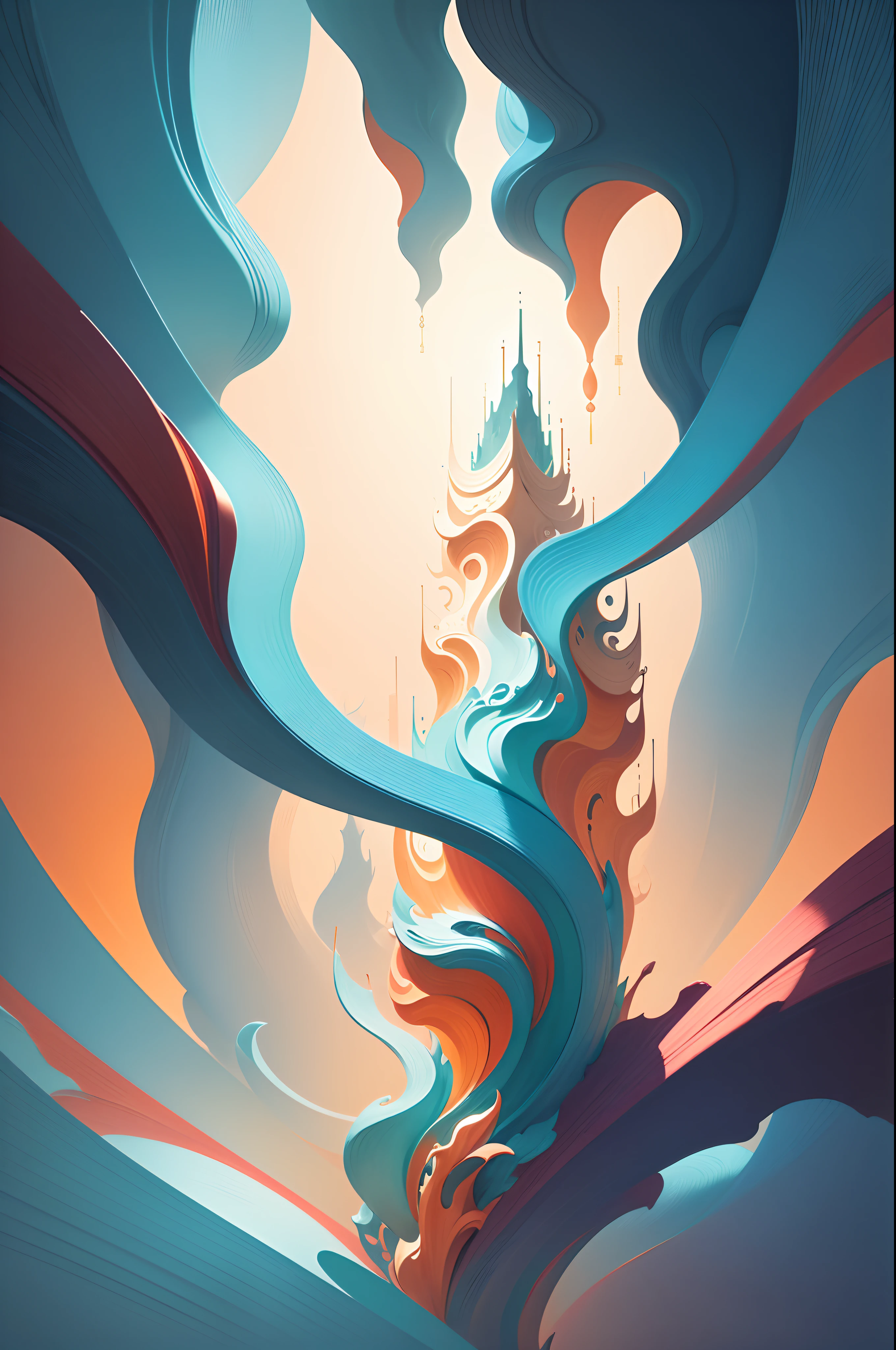 Chinese New Year's Day,Chinese landscape, abstract paintings, Zen, Amy Sol style, With a cover art of light abstraction, Simple vector art, Contemporary Chinese art, Gradient of color, Soft color palette, layered forms, Whimsical animation, The style is ethereal and abstract
