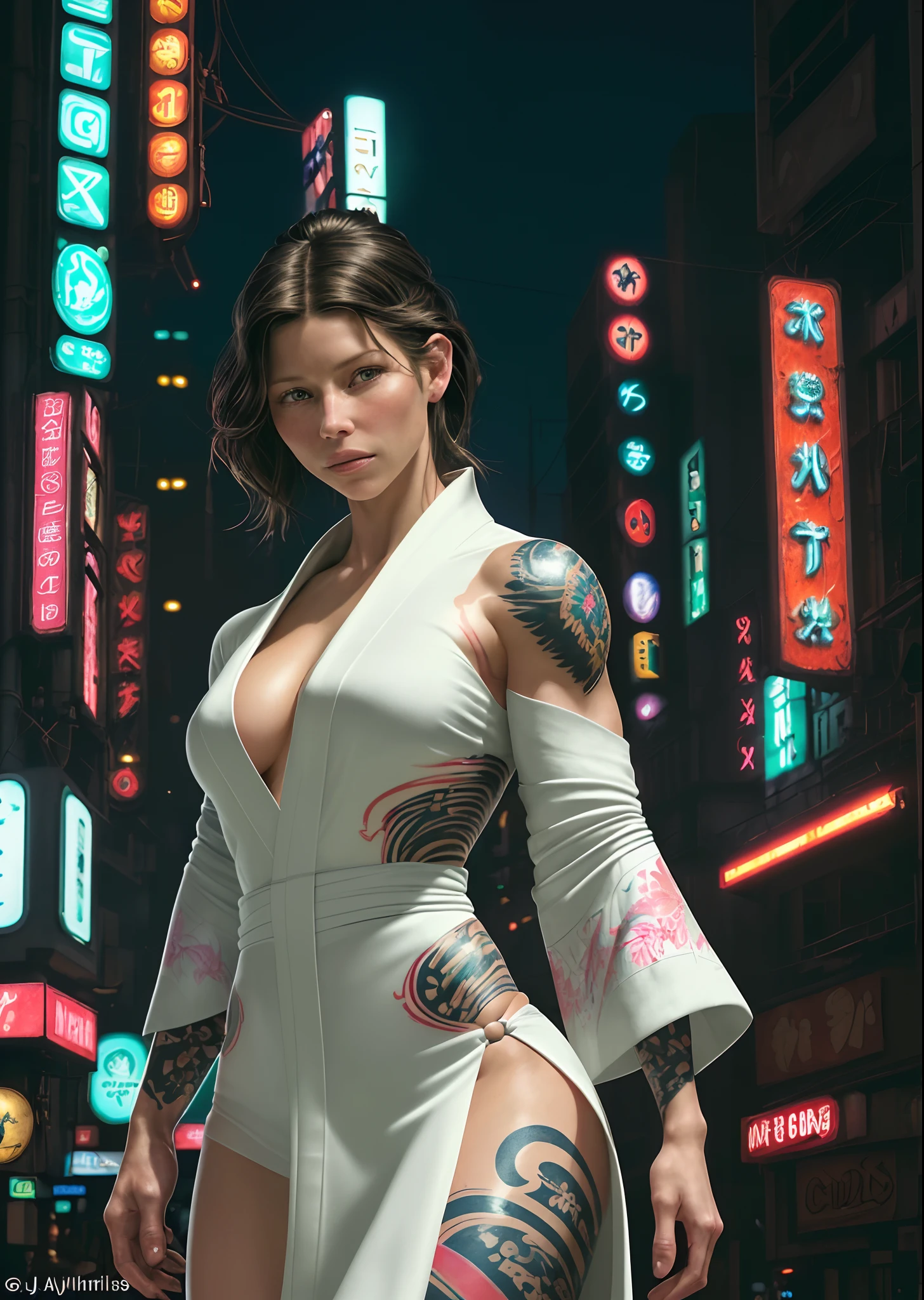 perfect artwork of John Blanche, (Jessica biel:Evangeline Lilly) short black hair, white open kimono, fully body tattoos, serious face, in action cinema pose looking in camera. Digital art. trending composition. vibrant side lighting, centered in a vibrant, technicolor cyberpunk detailed city landscape. night neon lighting. masterpiece, best quality, layered lighting, (1girl).