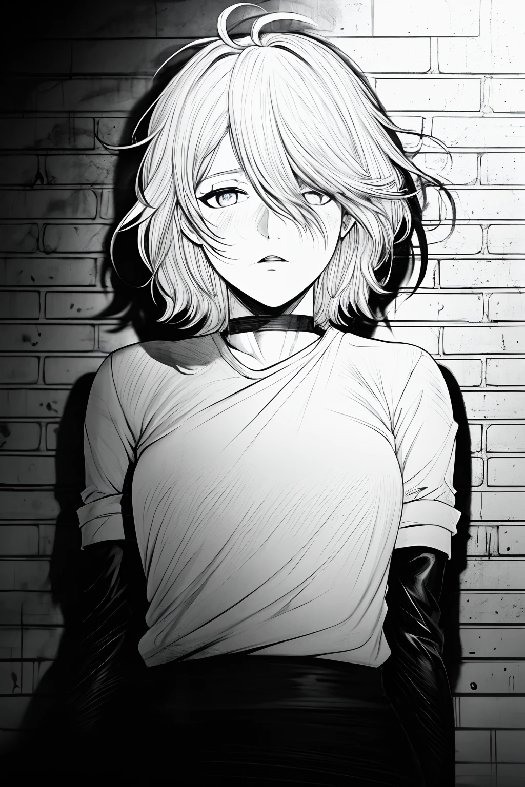 Best quality at best，Complicated details，line-art，Mono Color，1girl，long whitr hair，brunette color hair，messy  hair，Hair in one eye，sharp sharp eyes，choker，The shirt，against a wall，brick walls，scribbles，dim murky lights，alley