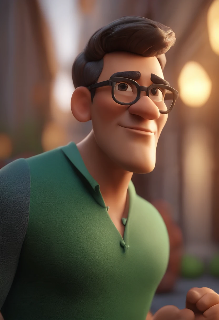 Cartoon character of a man wearing light glasses and a green shirt, um personagem animado, Caractere estilizado, animation style rendering, 3D estilizado, Arnold Maya render, 3 d render stylized, toon render keyshot, Personagem 3D, Personagem 3D, 3d rendering stylized, 3 d character render, personagem de desenho animado, Personagem de close up, Pose de personagem, (Estilo Pixar) (master part:1.2) (Bokeh) (best quality) (pele detalhada) (textura detalhada) (8k) (argila) (Cinematic lighting) (foco nítido,Senta e vaza a parte superior do corpo, barba, teatro, queixo grande