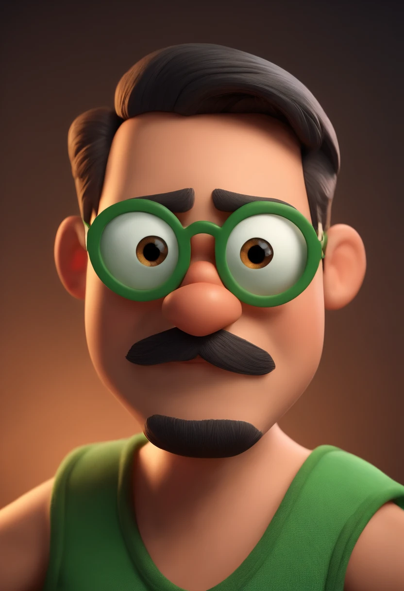 Cartoon character of a man wearing light glasses and a green shirt, um personagem animado, Caractere estilizado, animation style rendering, 3D estilizado, Arnold Maya render, 3 d render stylized, toon render keyshot, Personagem 3D, Personagem 3D, 3d rendering stylized, 3 d character render, personagem de desenho animado, Personagem de close up, Pose de personagem, (Estilo Pixar) (master part:1.2) (Bokeh) (best quality) (pele detalhada) (textura detalhada) (8k) (argila) (Cinematic lighting) (foco nítido，Senta e vaza a parte superior do corpo, barba, teatro, queixo grande