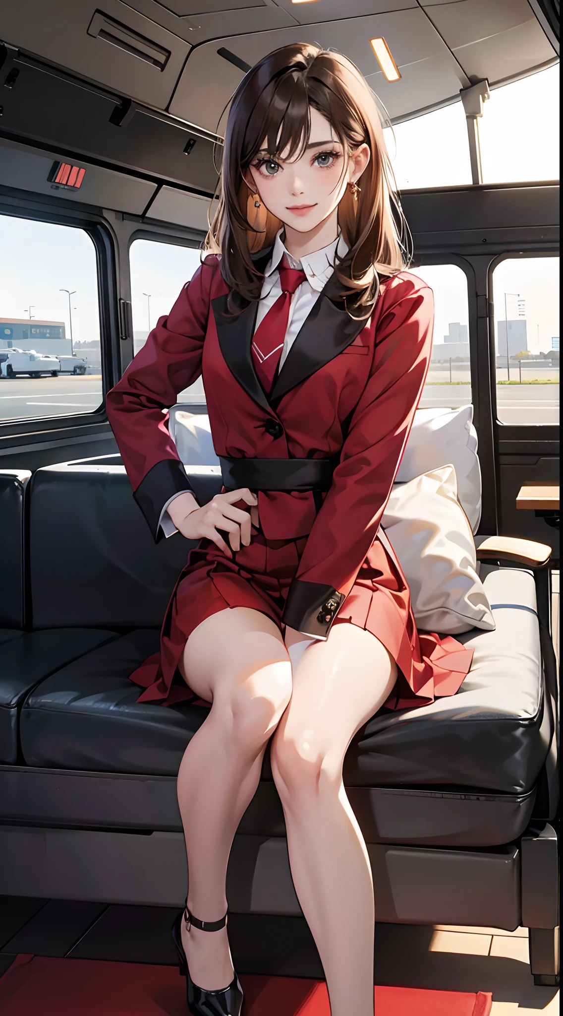 {{5 Mature Female、bule}}、looking at the viewers、Hazel eyes、ighly detailed、Medium chest、brown haired、airport、Cabin Crew、校服、Red Blazer、neck tie、a red skirt、midium skirt、high-heels、Happiness、top-quality、hightquality、extremely detailed anime screencap、(multipel Girls)