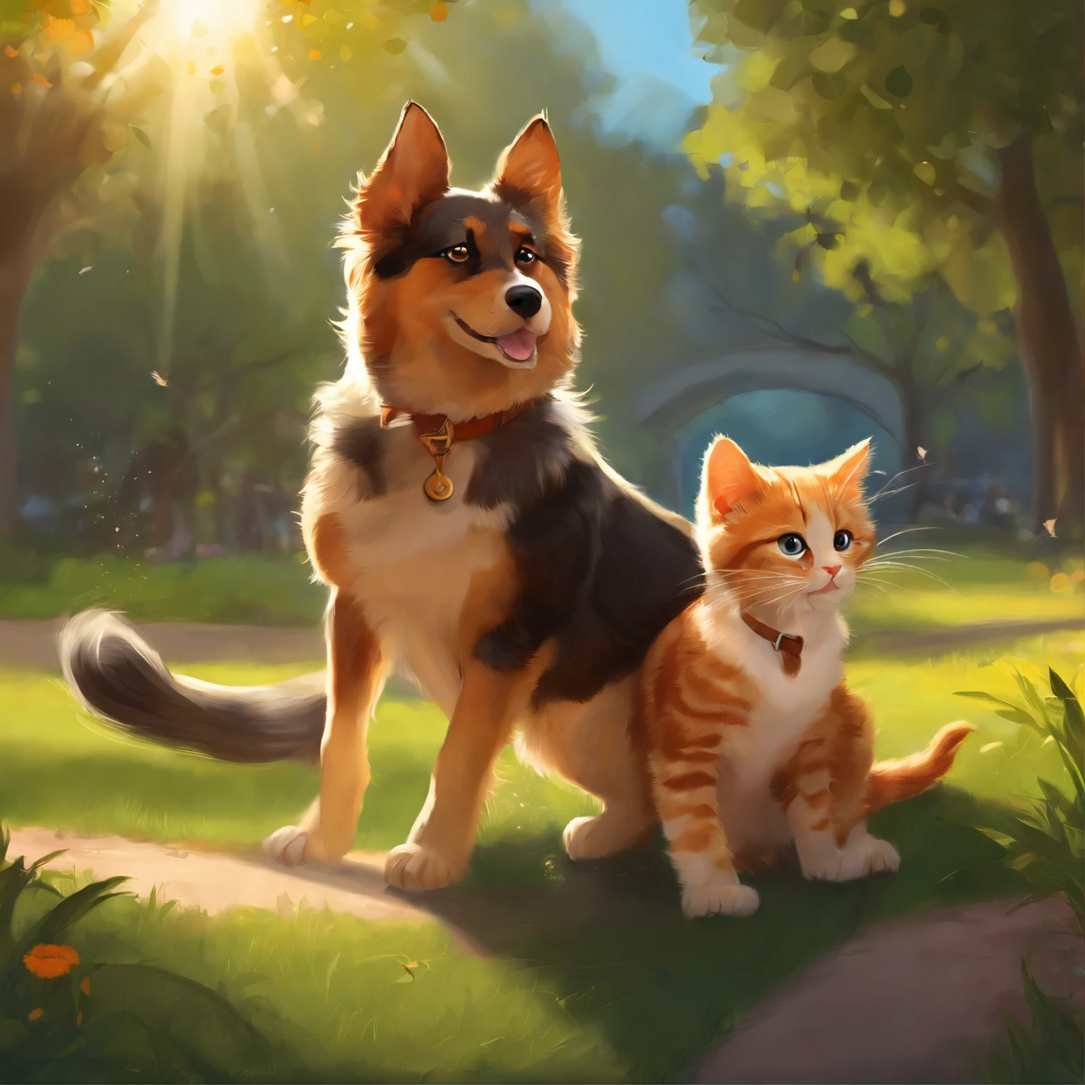 A dog and a cat playing together in the park, Digital painting, illustration catoon style, artstation, Highly detailed, fun, Sunny lighting