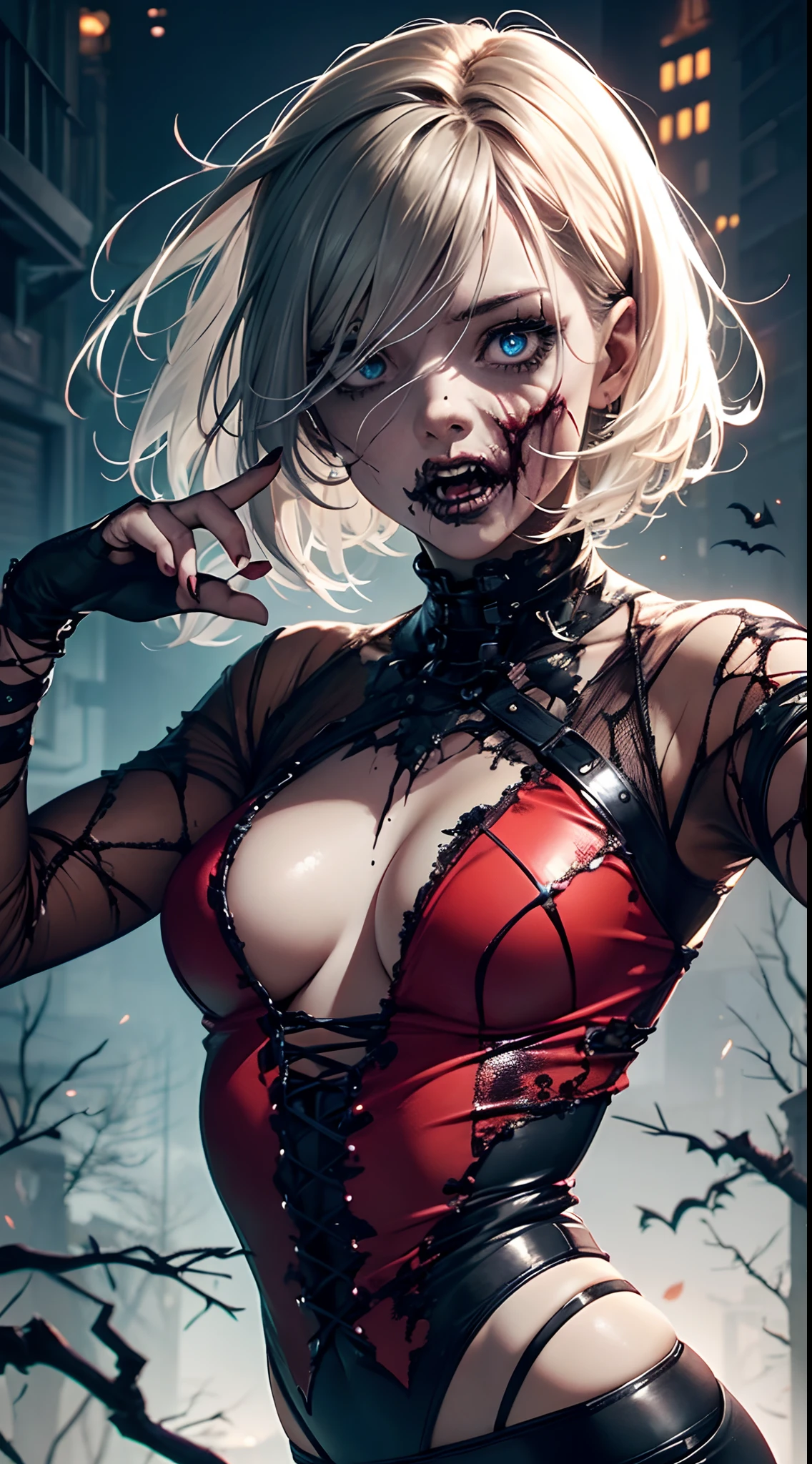 1girl, funny pose, random face expression, Halloween cosplay, Zombie cosplay, bolts in the head, head scar, wearing ripped clothes, detailed body, detailed face, detailed eyes, detailed hands, illustratio, best quality, ultra-detailed, realistic:1.37, horror, vivid colors, dark and eerie color tone, creepy lighting