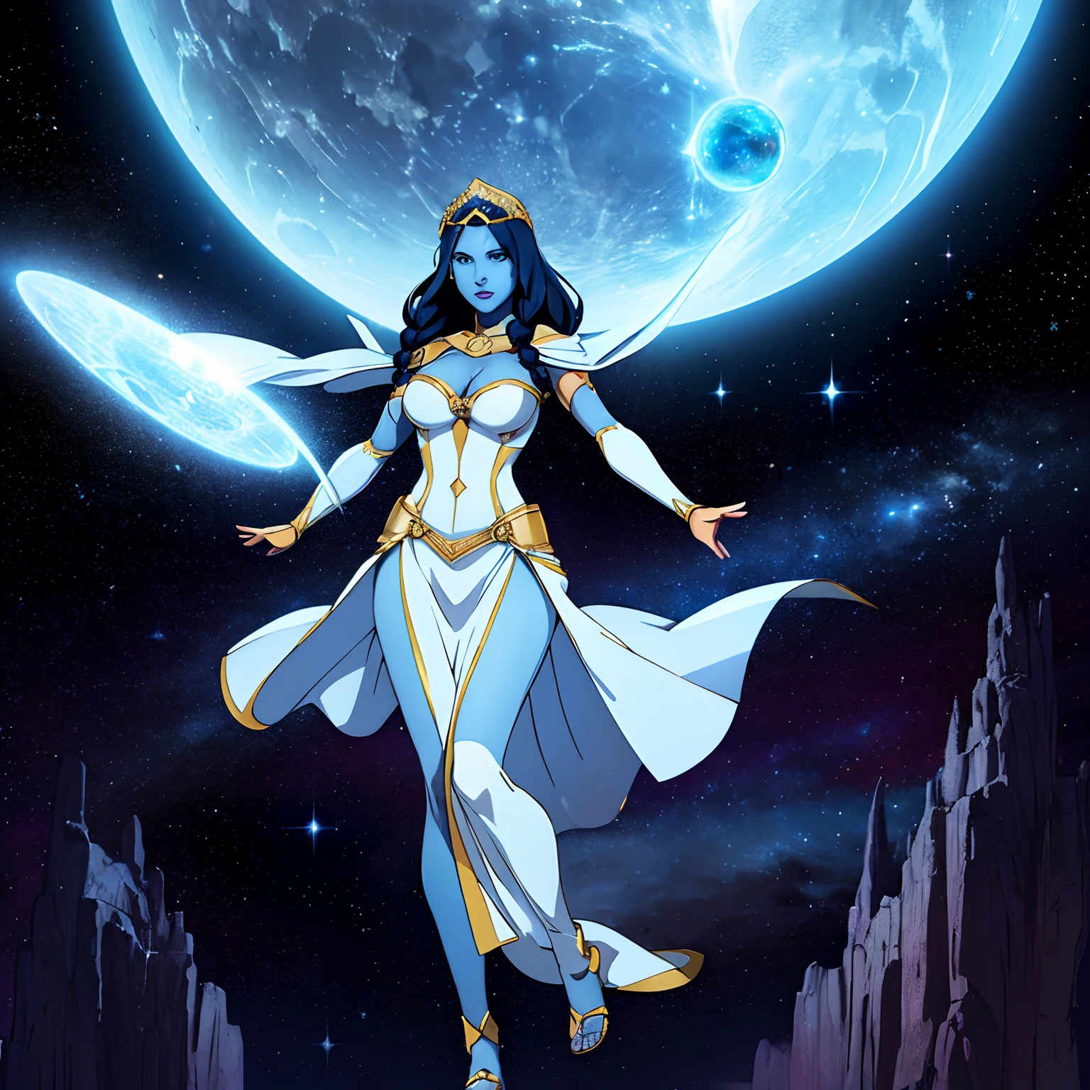 (masterpiece, top quality, best quality, official art, beautiful and aesthetic:1.2), (1girl:1.3), dark blue hair in braid, extremely detailed, portrait, looking at viewer, solo, (full body:0.6), detailed background, close up, (cool science fiction space theme:1.1), ((((blue skin, colored skin)))), extremely busty sorceress, charlatan, mysterious, casting spells in space, four arms, revealing white robes, revealing white dress, crossed straps, fingerless gloves, long gloves, glowing magical energy, blindfold, elaborate headdress, golden ceremonial halo, sheer white fabric, elegant robes, skirts, streamers, cowl, cape, sandals, bracers, ((((extra arms, gigantic breasts, cleavage, skindentation)))), slim waist, slim hips, long legs, athletic, SPACE, futuristic moon, (space exterior:1.1) background, dark mysterious lighting, shadows, magical atmosphere, dutch angle