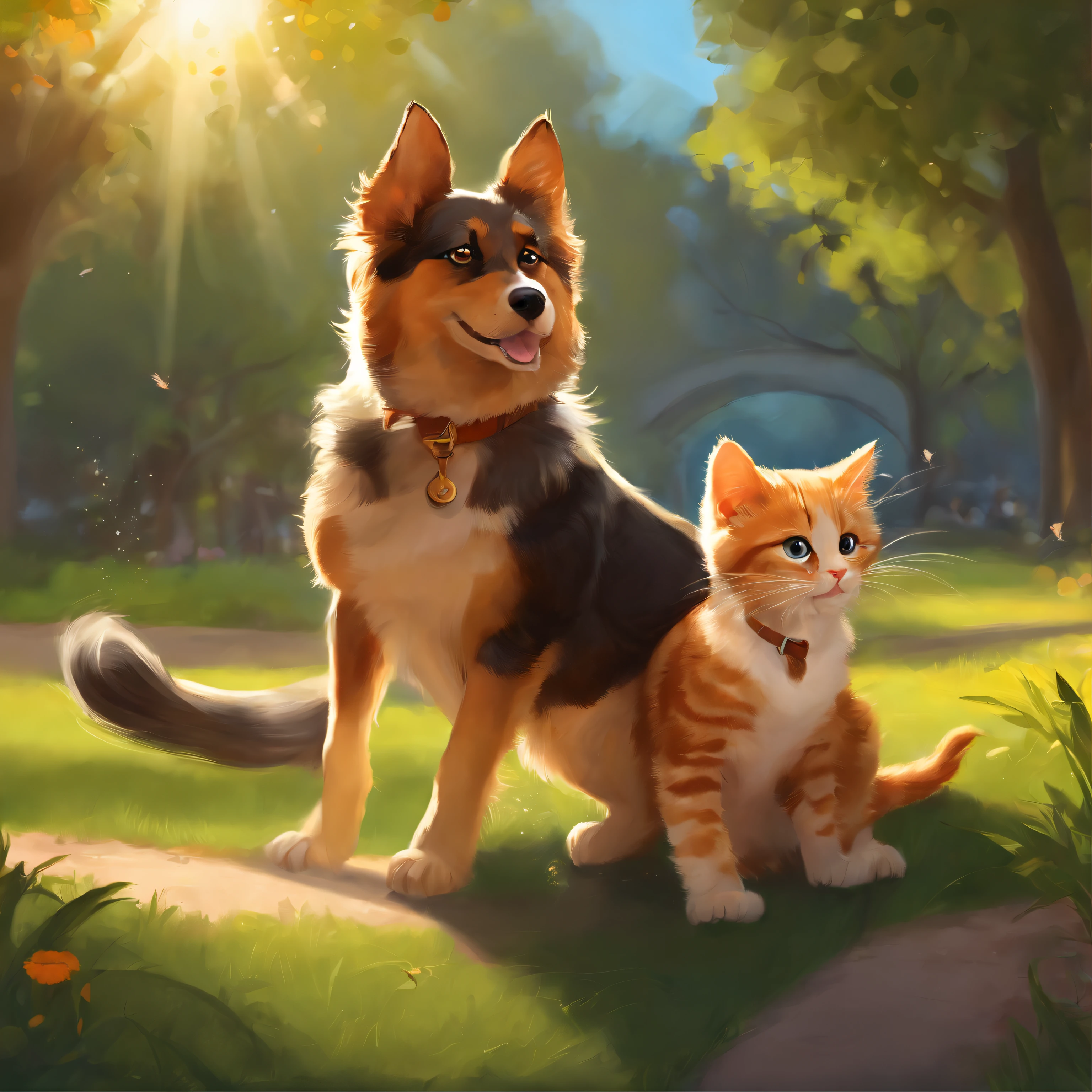 A dog and a cat playing together in the park, Digital painting, illustration catoon style, artstation, Highly detailed, fun, Sunny lighting