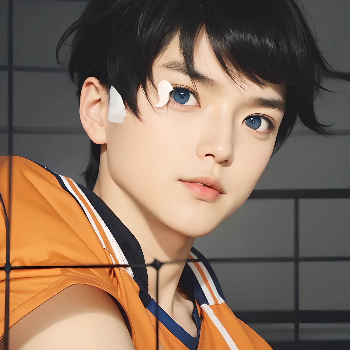 A boy with realistic black hair, realistic dark blue eyes, realistic Korean handsome face,Realistic cool expressions, adapt the exact same sports t-shirt, realistic light, realistic shadows, realistic background