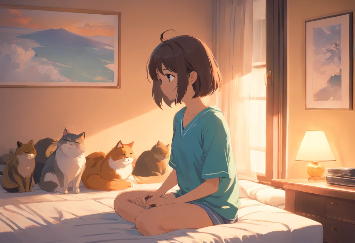 obra-prima, melhor qualidade, filme ainda, 1girl, Uma menina meditando em seu quarto em cima da cama ao lado de seu gato