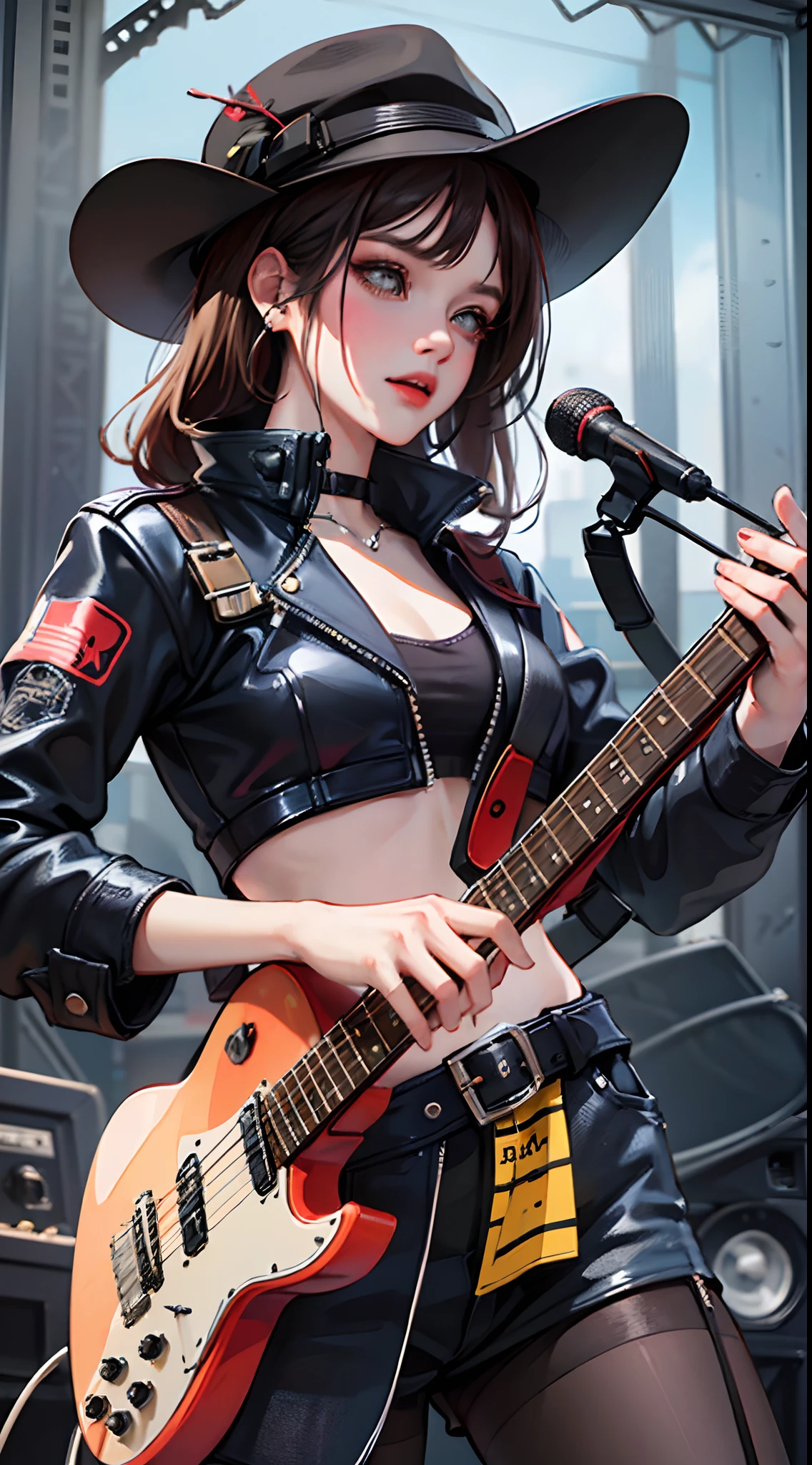 Woman with a guitar and hat on stage, trending on cgstation, trending at cgstation, Guviz-style artwork, guitar solo, guitarists, plays the guitar, Extremely detailed Artgerm, Girl playing guitar, Cyberpunk 2 0 y. o model girl, perfect android girl,