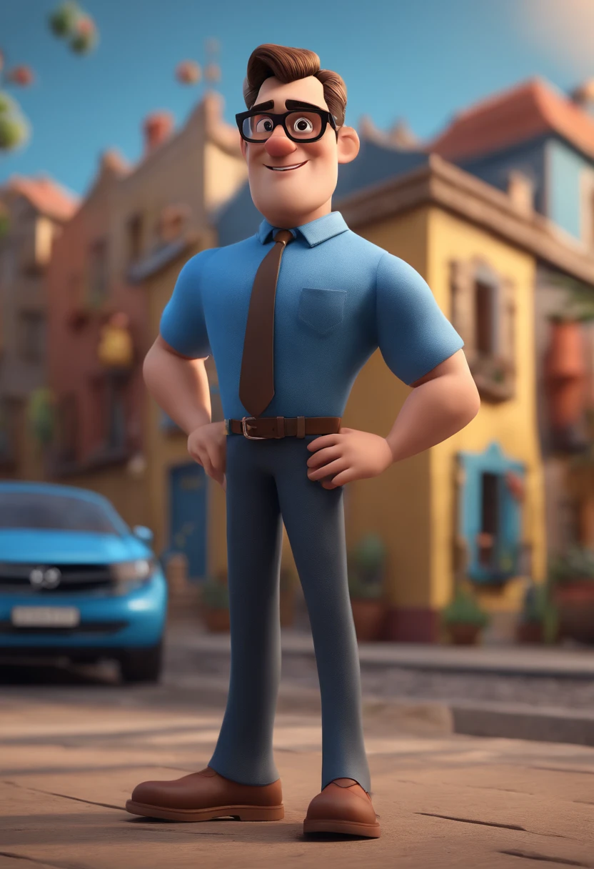 Cartoon character of a man with black glasses and a blue shirt, animation character, Caractere estilizado, animation style rendering, 3D estilizado, Arnold Maya render, 3 d render stylized, toon render keyshot, Personagem 3D, Personagem 3D, 3d rendering stylized, 3 d character render, personagem de desenho animado, Personagem de close up, Pose de personagem,  (Estilo Pixar) (master part:1.2) (Bokeh) (best quality) (pele detalhada) (textura detalhada) (8k) (argila) (Cinematic lighting) (foco nítido
