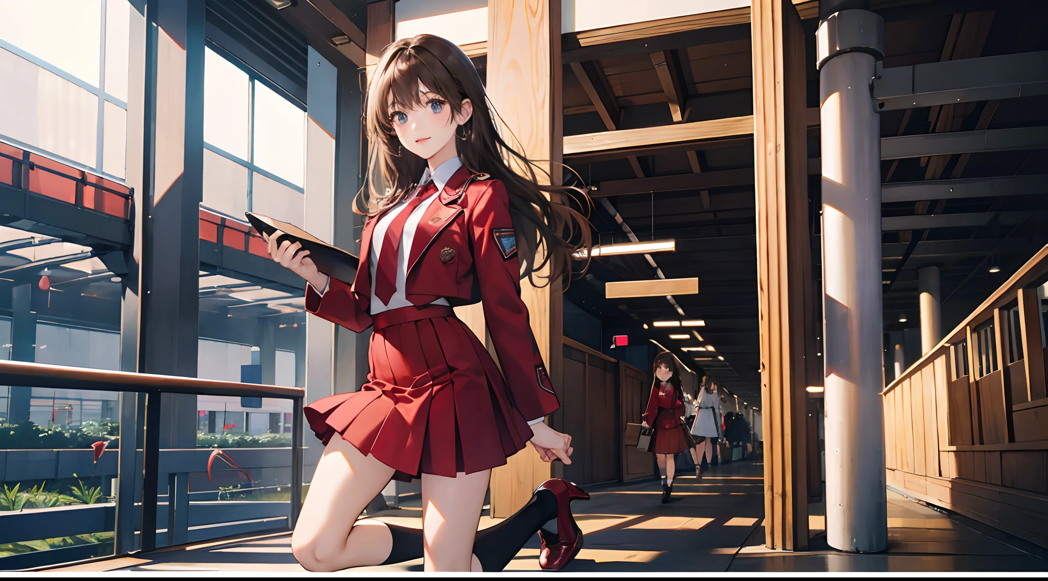 {{5man、a matural female、bule}}、looking at the viewers、Hazel eyes、ighly detailed、Medium chest、brown haired、airport、Cabin Crew、校服、Red Blazer、neck tie、a red skirt、midium skirt、high-heels、Happiness、top-quality、hightquality、extremely detailed anime screencap、(multipel Girls)