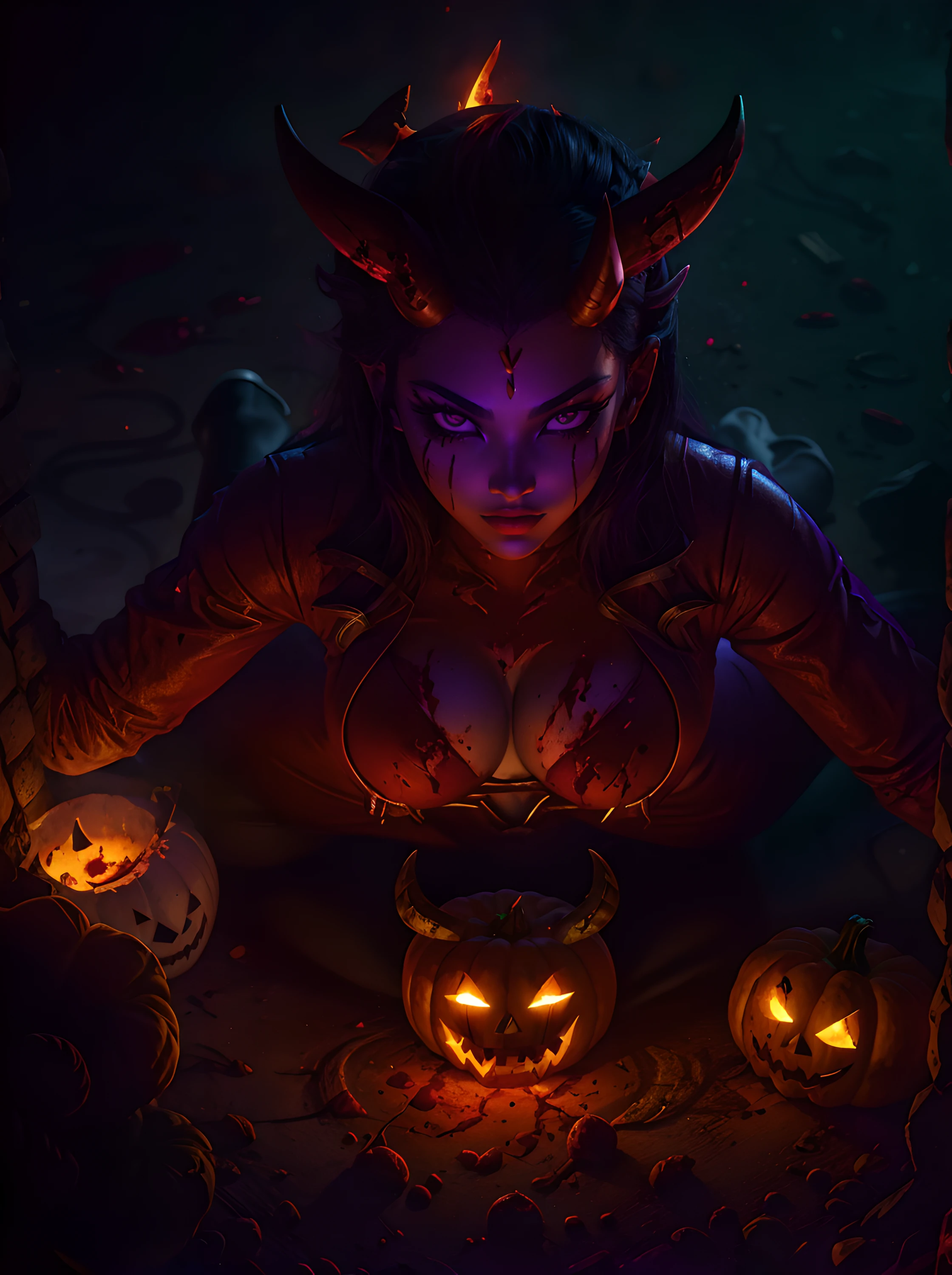 tmasterpiece, beste-Qualit, Top view, Posing, ((25-year-old girl)), ((tight red demon suit with red horns on his head)), Ideal Russia 1Girl, black hair, faint smile, extra very long hair, accentuated breasts, (blood:1.3), (blood splash:1.3), ((Shiny snow-white skin)), 3d rendered character art 8 K, trending on cgstation, A detailed eye, symmetric eyes, ((Huge purple eyes)), a perfect face, the perfect body, Halloween atmosphere, Posing, (intricate details:0.9), (HDR, hyper-detailing:1.2), (natural skin textures, hyper realisitc, soft light, Sharp), (Intricate Detail 1.5), In an abandoned warehouse where there are a lot of carved pumpkins, Lots of neon consecration.
