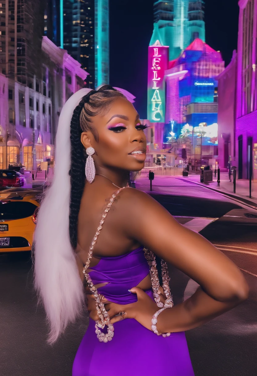 💎💎 5D CUTE 🥺 CUTE 🥰 Digital Beautiful Melanin Tinkerbell ( LISA FRANK Style ) wearing long Purple 💜 and white straight 💜 hair wearing diamond 💎 earrings wearing pink diamond necklace, wearing diamond 💎 teeth Atlanta Falcons jersey White 👖 wearing black high heels ( (full body torso pose)) standing in the middle of the street with Downtown Atlantis Background with the words ((BELL' S DISPATCH LLC SIGN