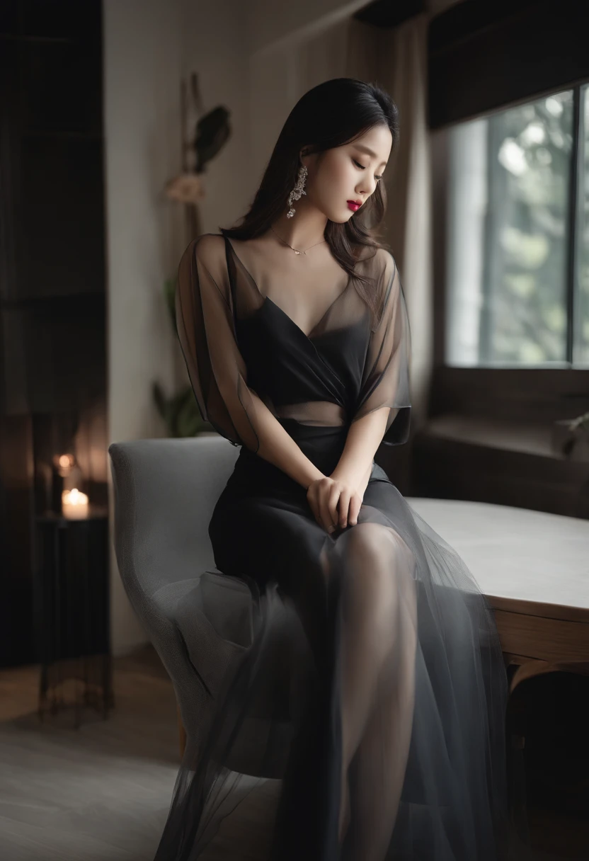 A woman in a black dress sitting on a chair in a room - SeaArt AI