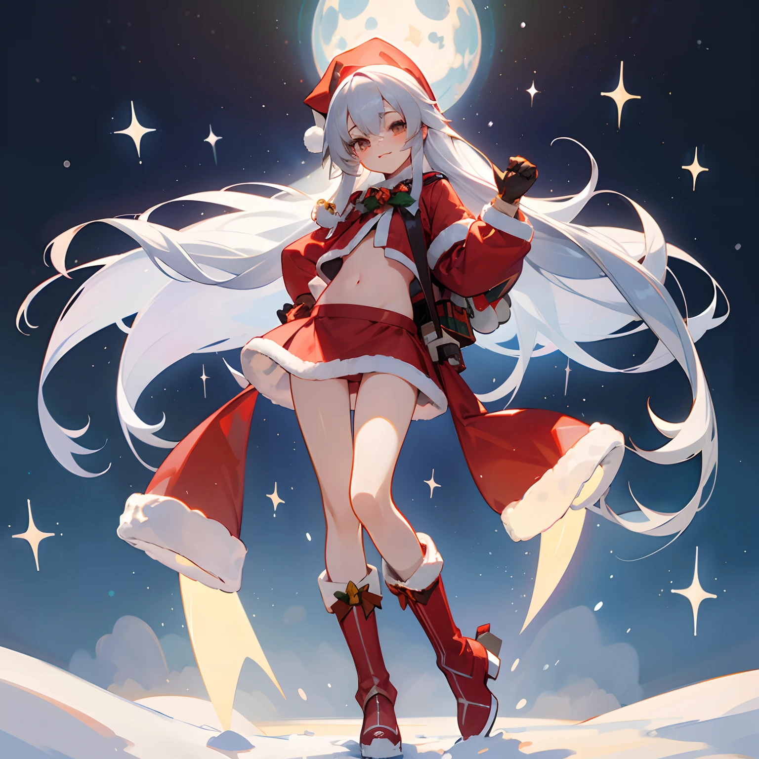 quadratic element、1 person, santa costume、skirt by the、、girl with、Navel Ejection、snowy、natta、full body Esbian、to stand、long boots、Viewer-facing、kawaii faces, (Colossal tits:0.5)、shinny skin、long silver hair、Santa Costumes、Navel Ejection、kawaii、kne